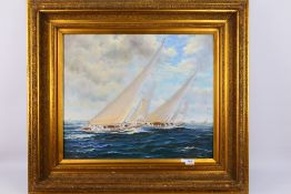 A 20th century oil on canvas seascape, depicting two racing yachts at sail,