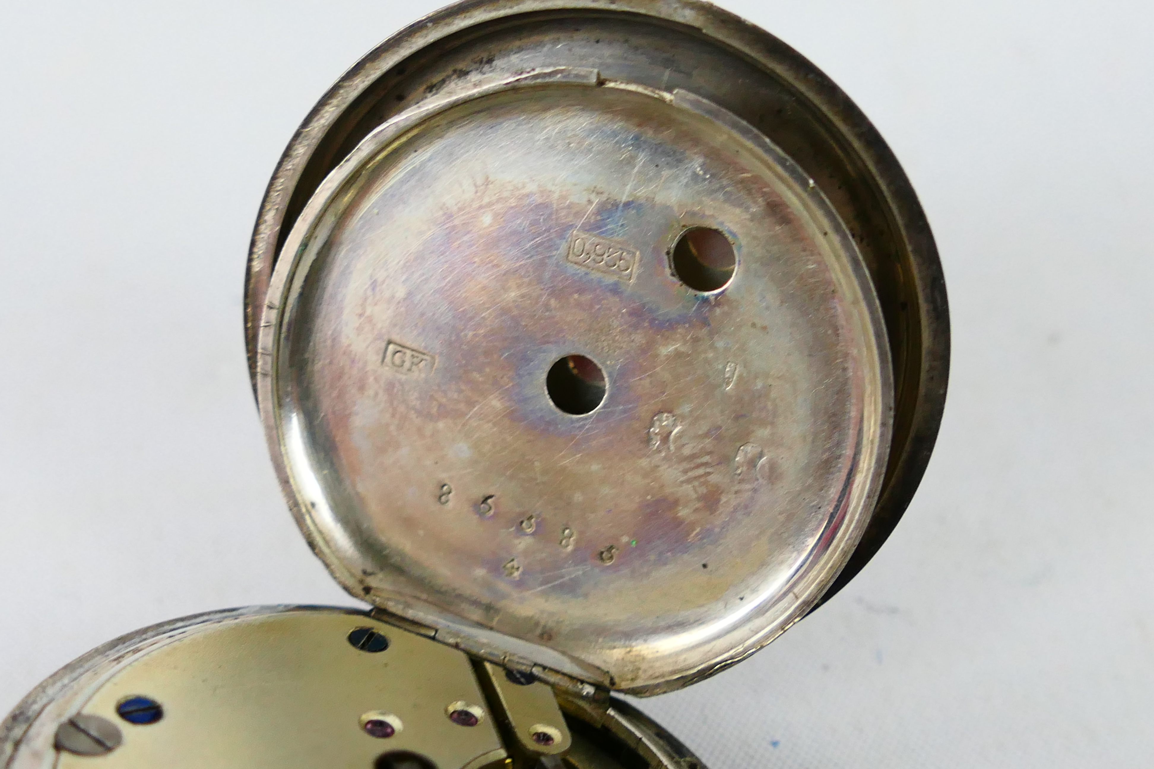 Two Swiss silver cased (one 935 fineness and one 800), open face pocket watches, - Image 5 of 10