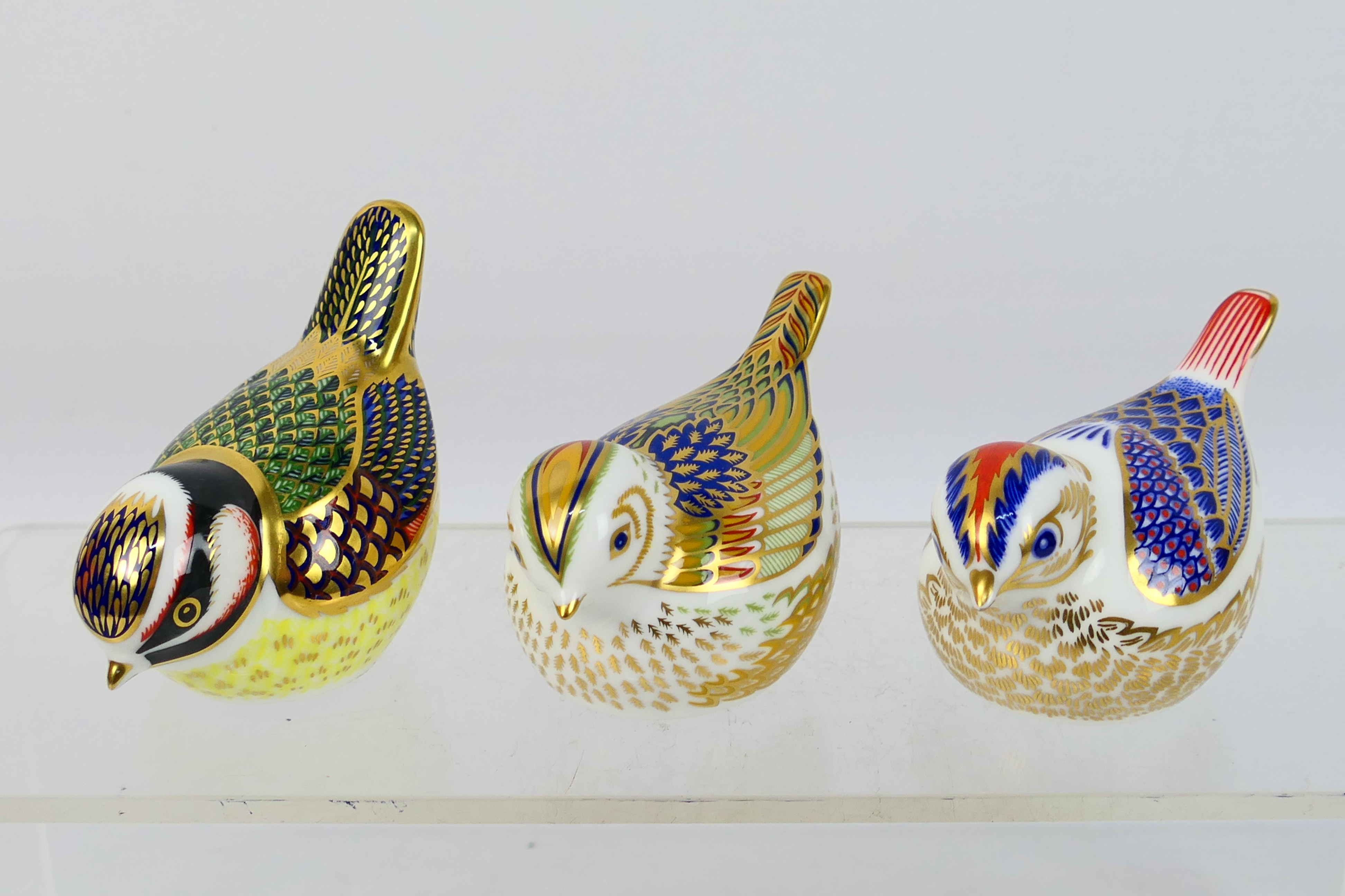 Royal Crown Derby - Three bird form paperweights to include a Collectors Guild Firecrest,