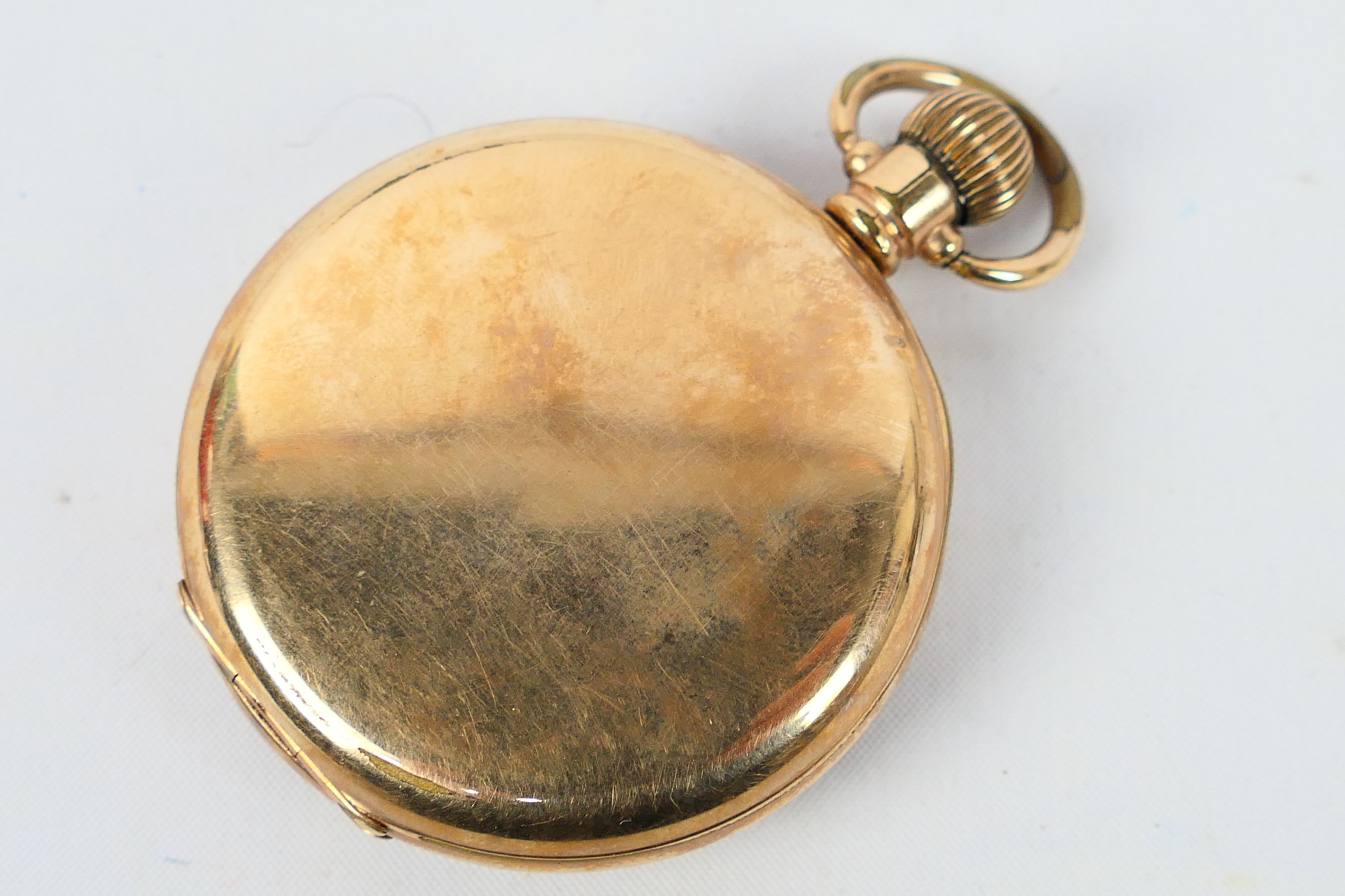 A gold plated open face pocket watch, white enamel dial with Arabic numerals, - Image 4 of 7