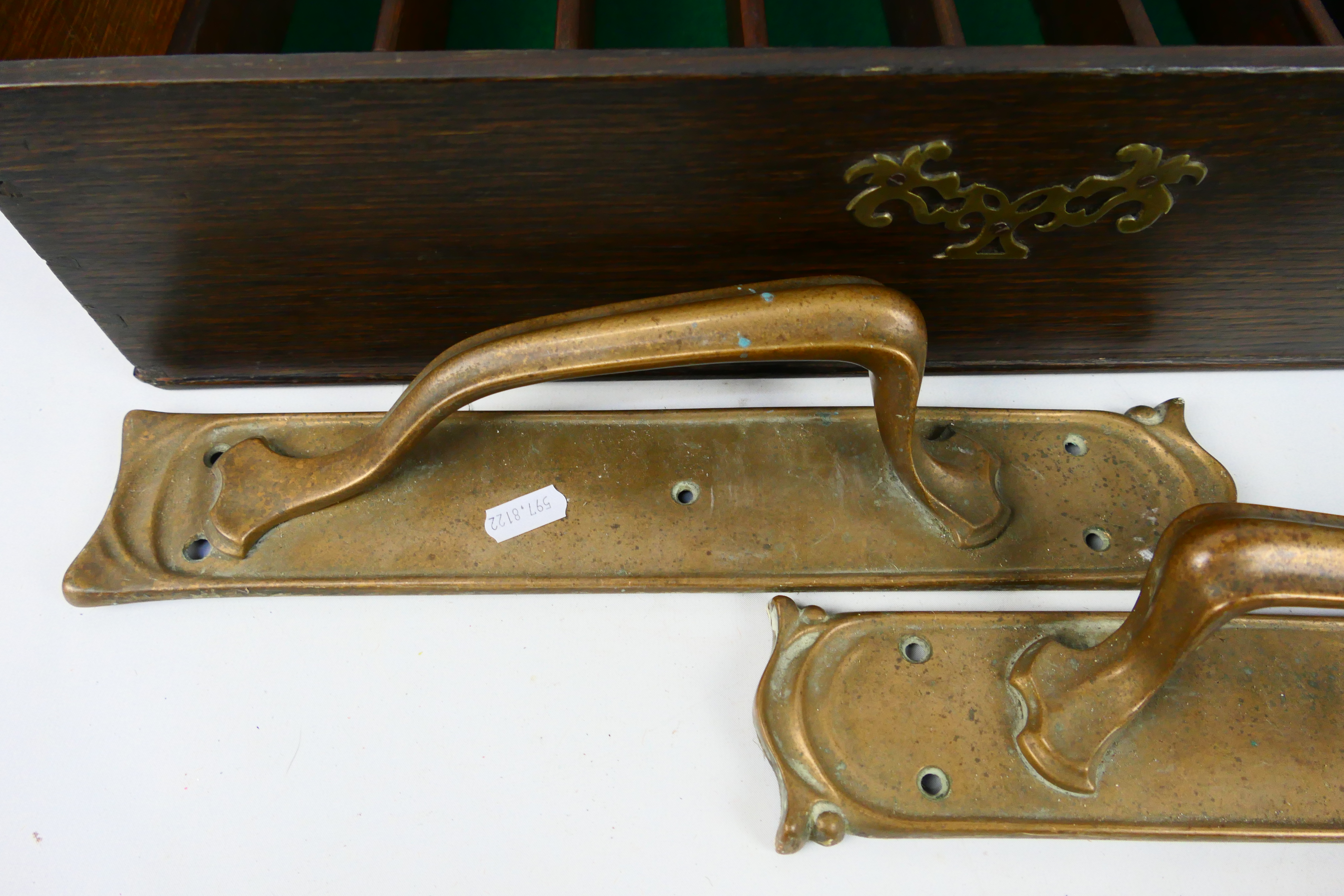 A vintage cutlery box and two Art Nouveau style brass door handles. - Image 2 of 6