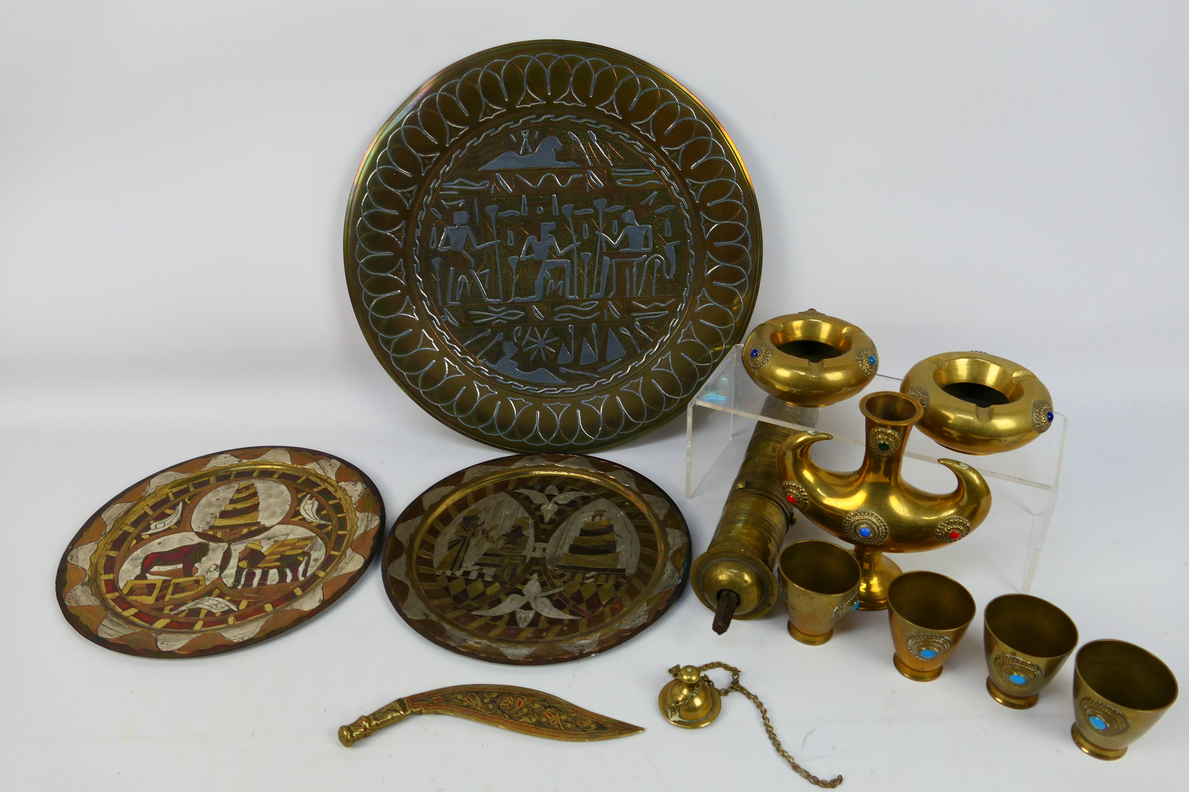 A quantity of Asian metal wares to include Egyptian Cairoware style dishes and other.