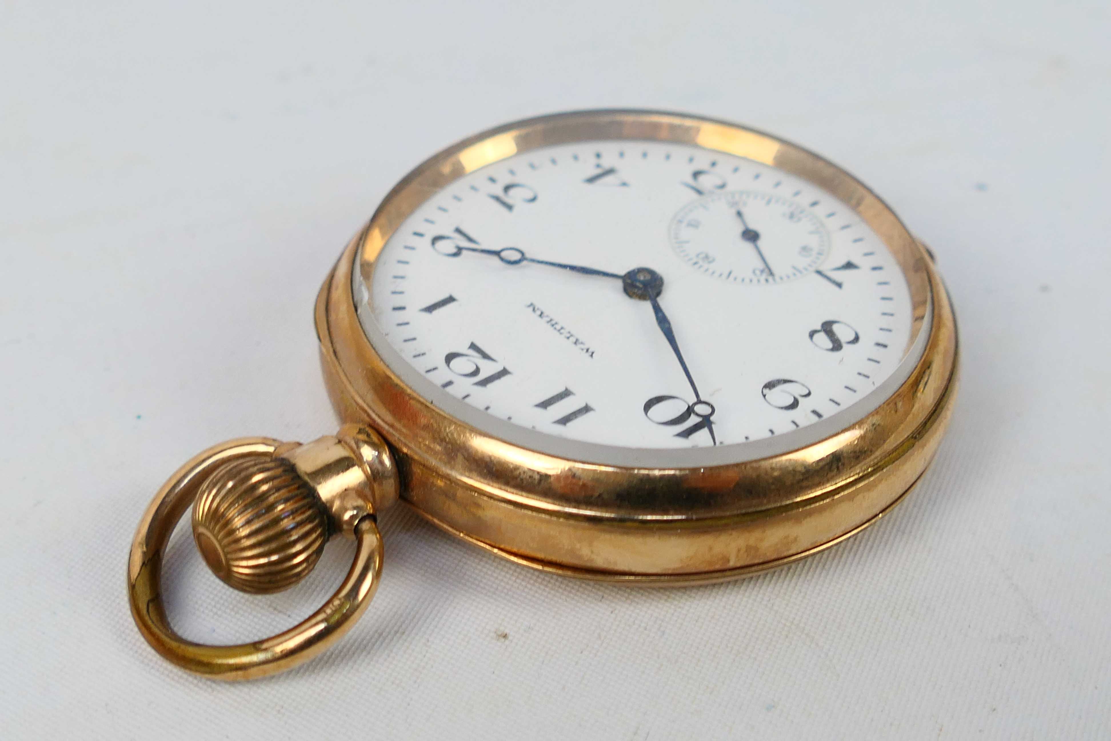 A gold plated open face pocket watch, white enamel dial with Arabic numerals, - Image 3 of 7