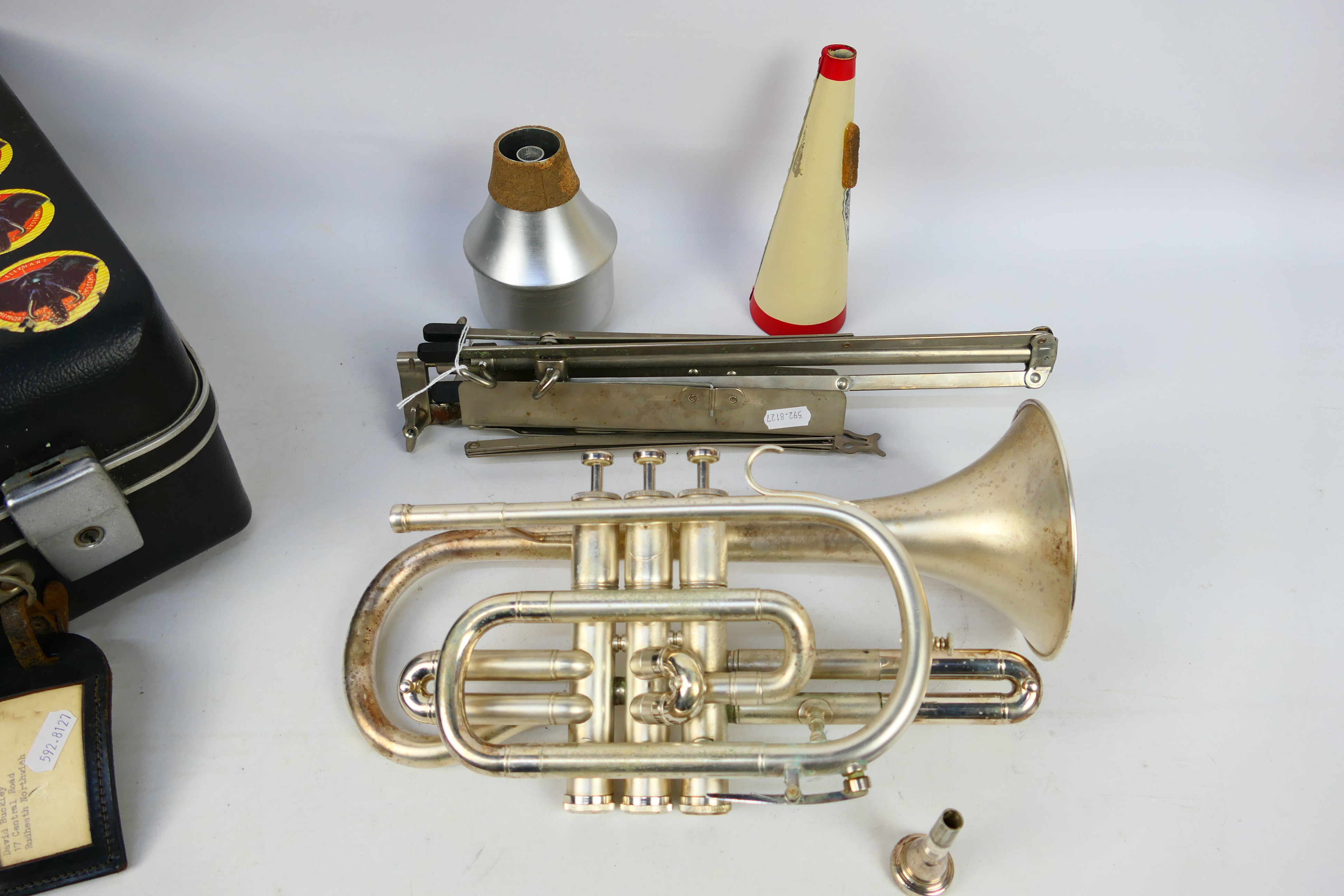 A Boosey & Hawkes Regent cornet numbered 672823, contained in hard case and with music stand. [2]. - Image 2 of 9