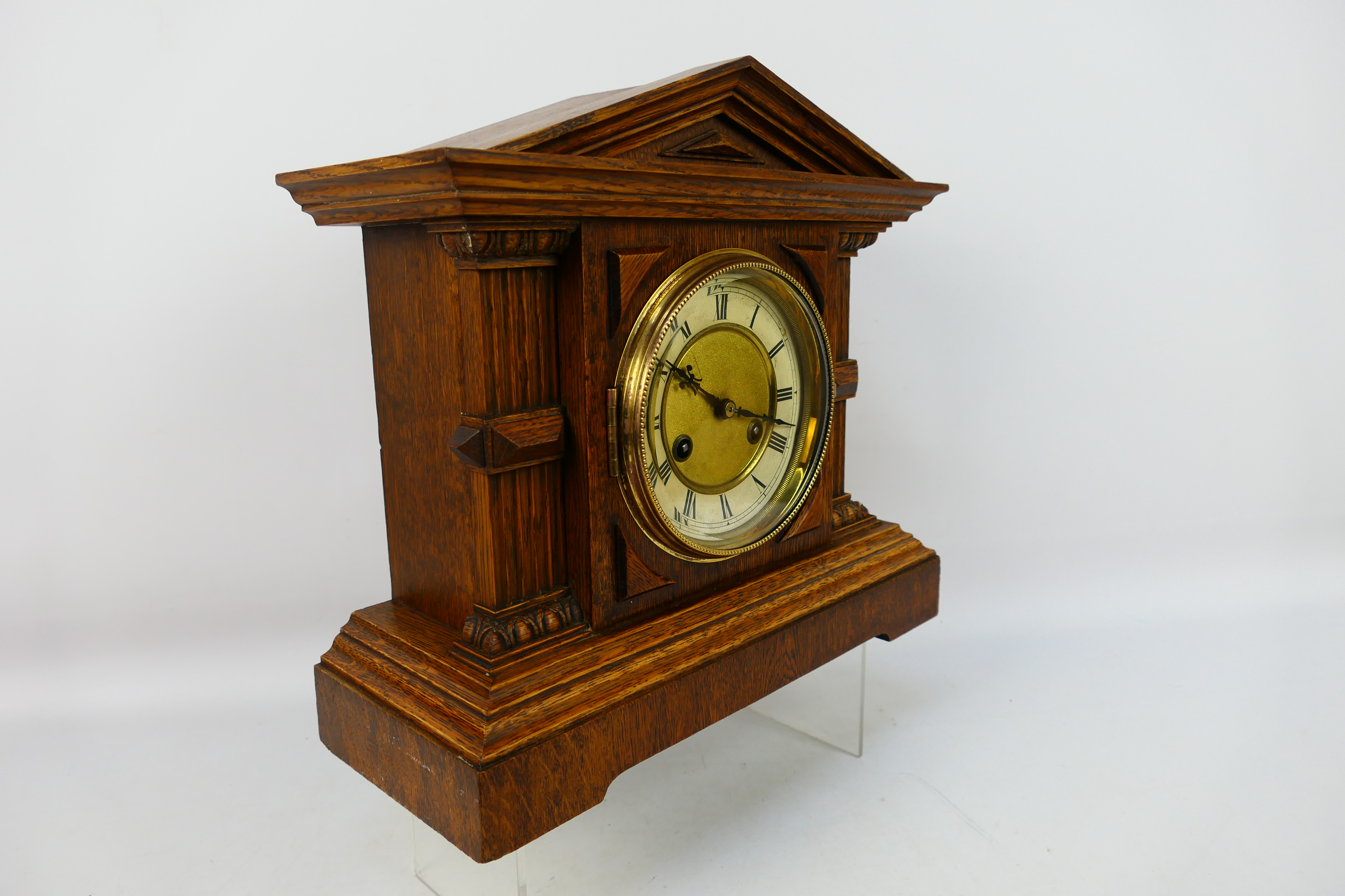 An early 20th century oak cased mantel clock of architectural form, - Image 4 of 9
