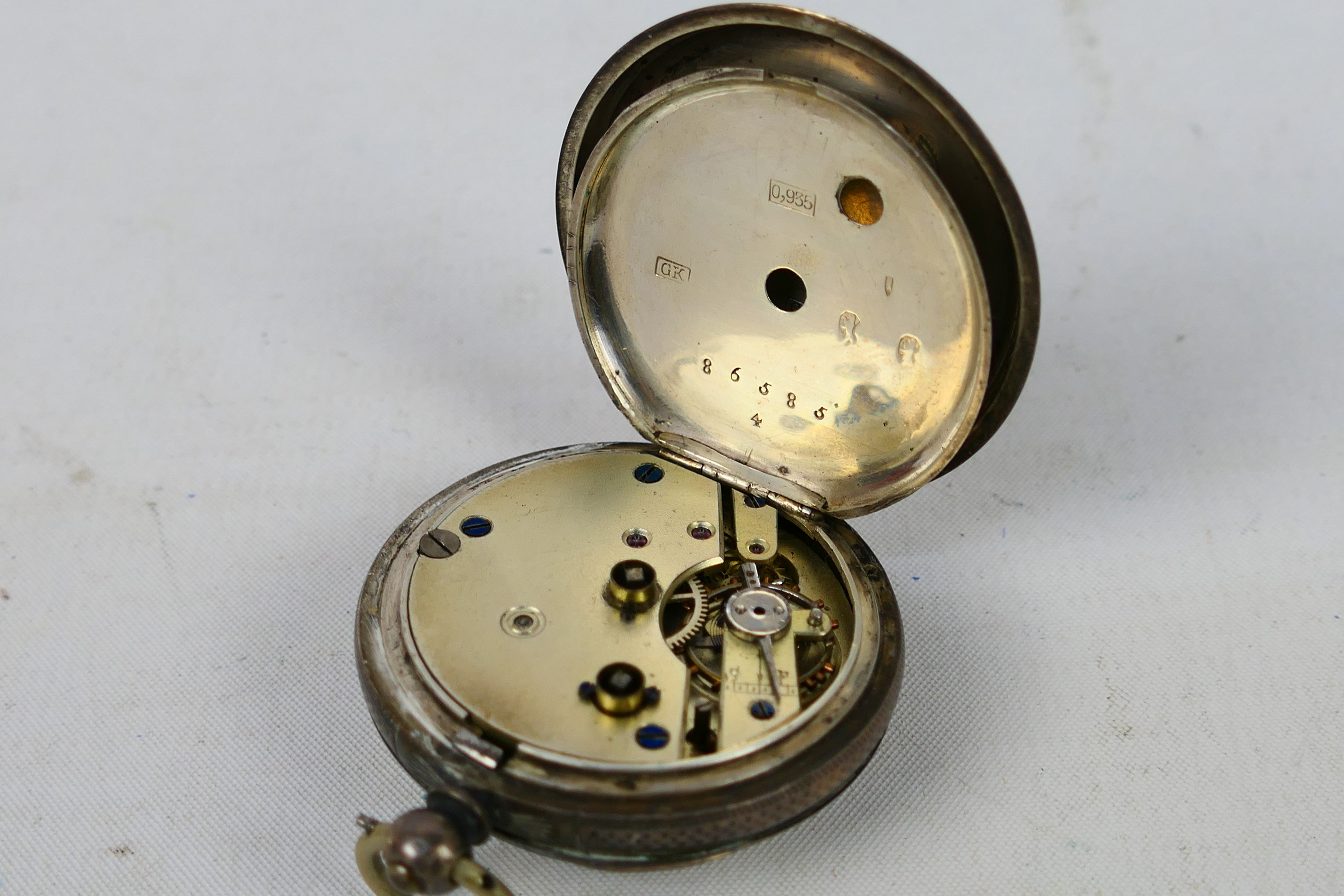 Two Swiss silver cased (one 935 fineness and one 800), open face pocket watches, - Image 3 of 10