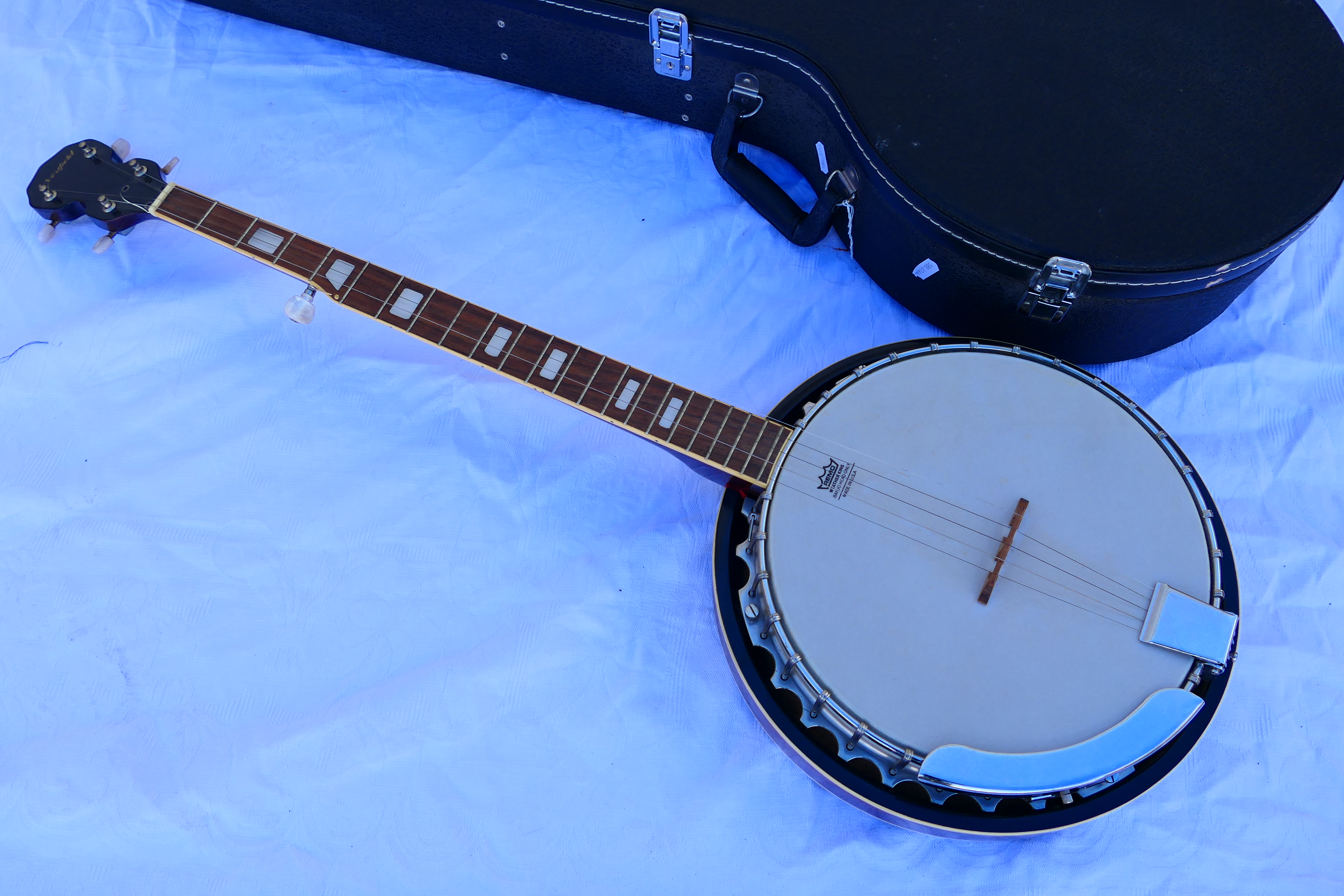 A Westfield five string banjo with Remo Weather King head, contained in hard case with accessories. - Image 2 of 12