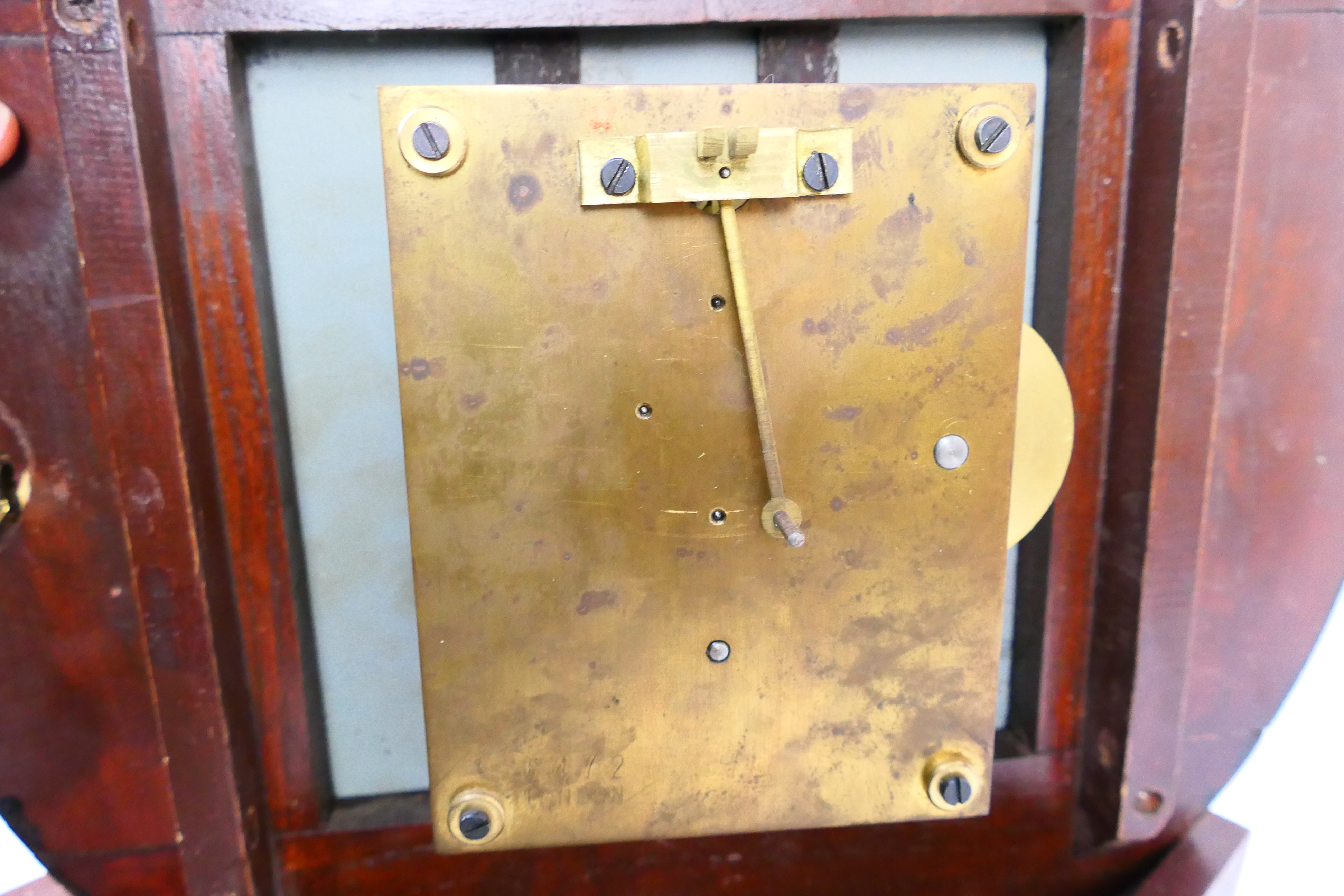A 12 inch fusee dial clock, dark stained case, white dial marked for GWR and R Jones & Co, Makers, - Image 11 of 12