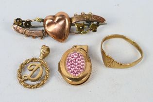 9ct Gold - Lot to include a rose gold bar brooch with central heart motif,