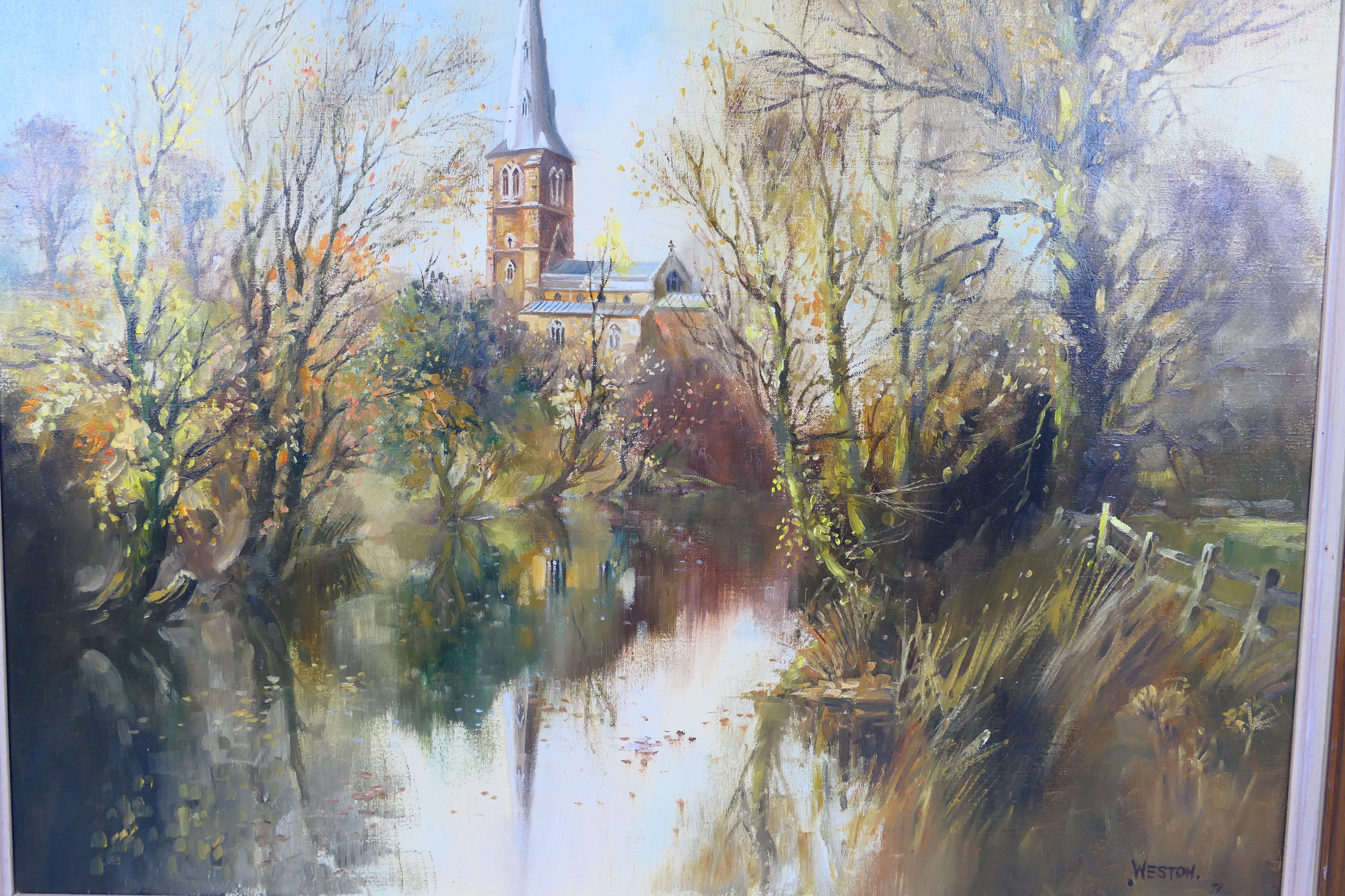 David Weston (1935 - 2011) - A framed oil on canvas landscape scene depicting a church beside a - Image 4 of 7