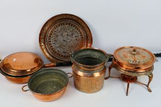 A collection of metalware to include a Persian chafing dish and pot. [2].