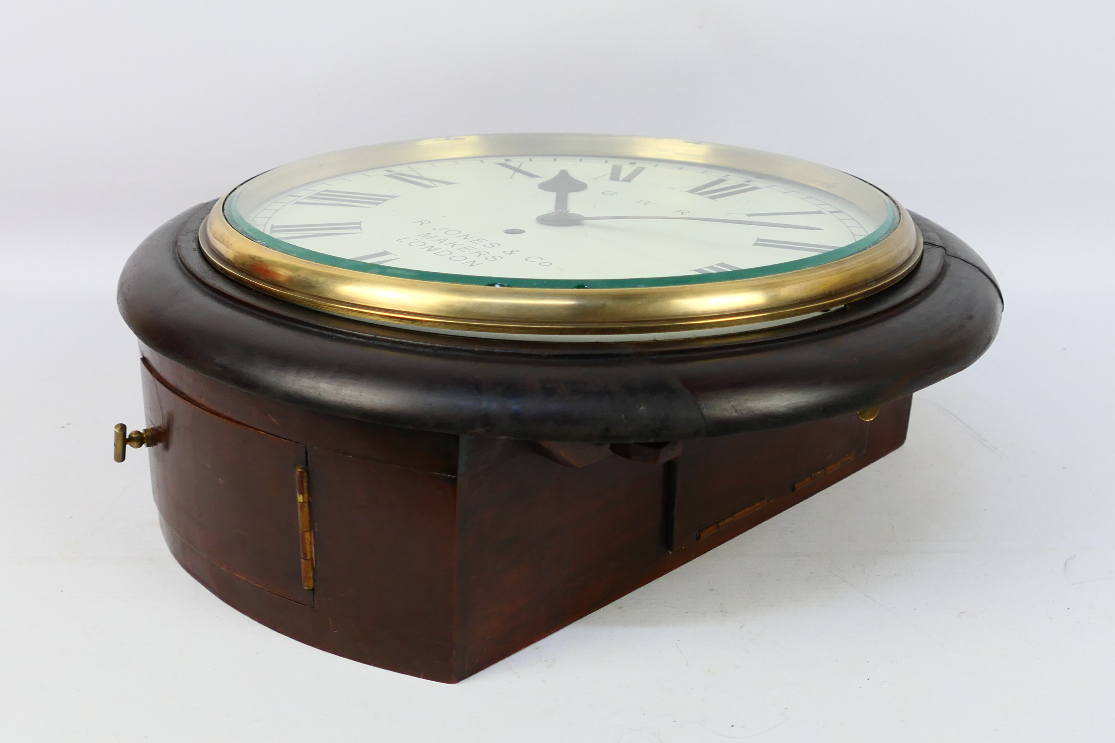 A 12 inch fusee dial clock, dark stained case, white dial marked for GWR and R Jones & Co, Makers, - Image 12 of 12