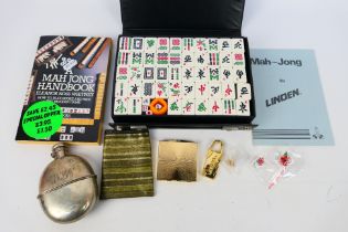 Lot to include a silver plated hip flask Mah Jong set, powder compact and other.