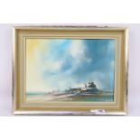 David Weston (1935 - 2011) - A framed acrylic on canvas landscape scene depicting a boathouse on