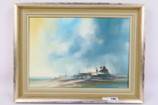 David Weston (1935 - 2011) - A framed acrylic on canvas landscape scene depicting a boathouse on