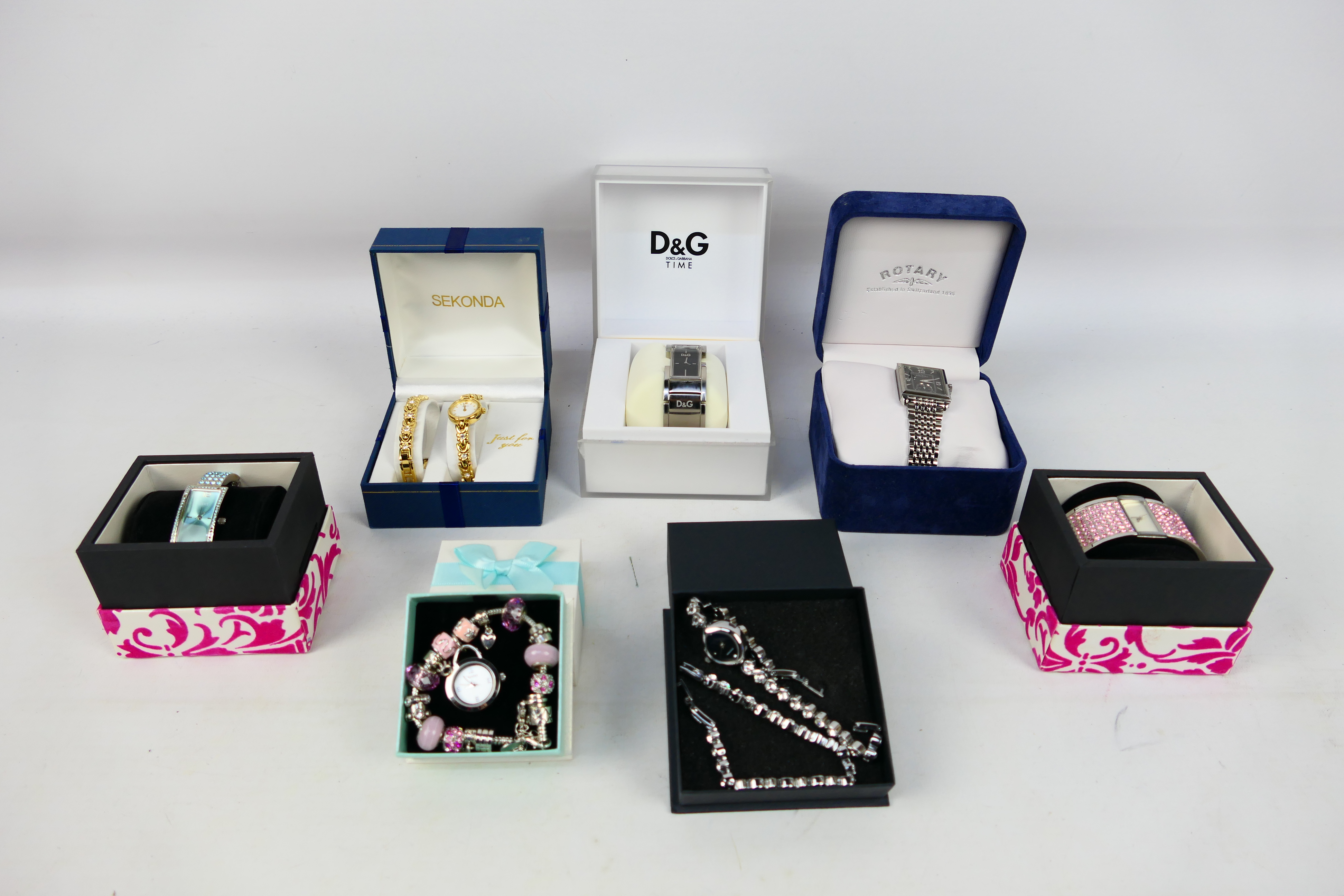 A collection of boxed wrist watches to include Rotary, D&G, Sekonda and other.