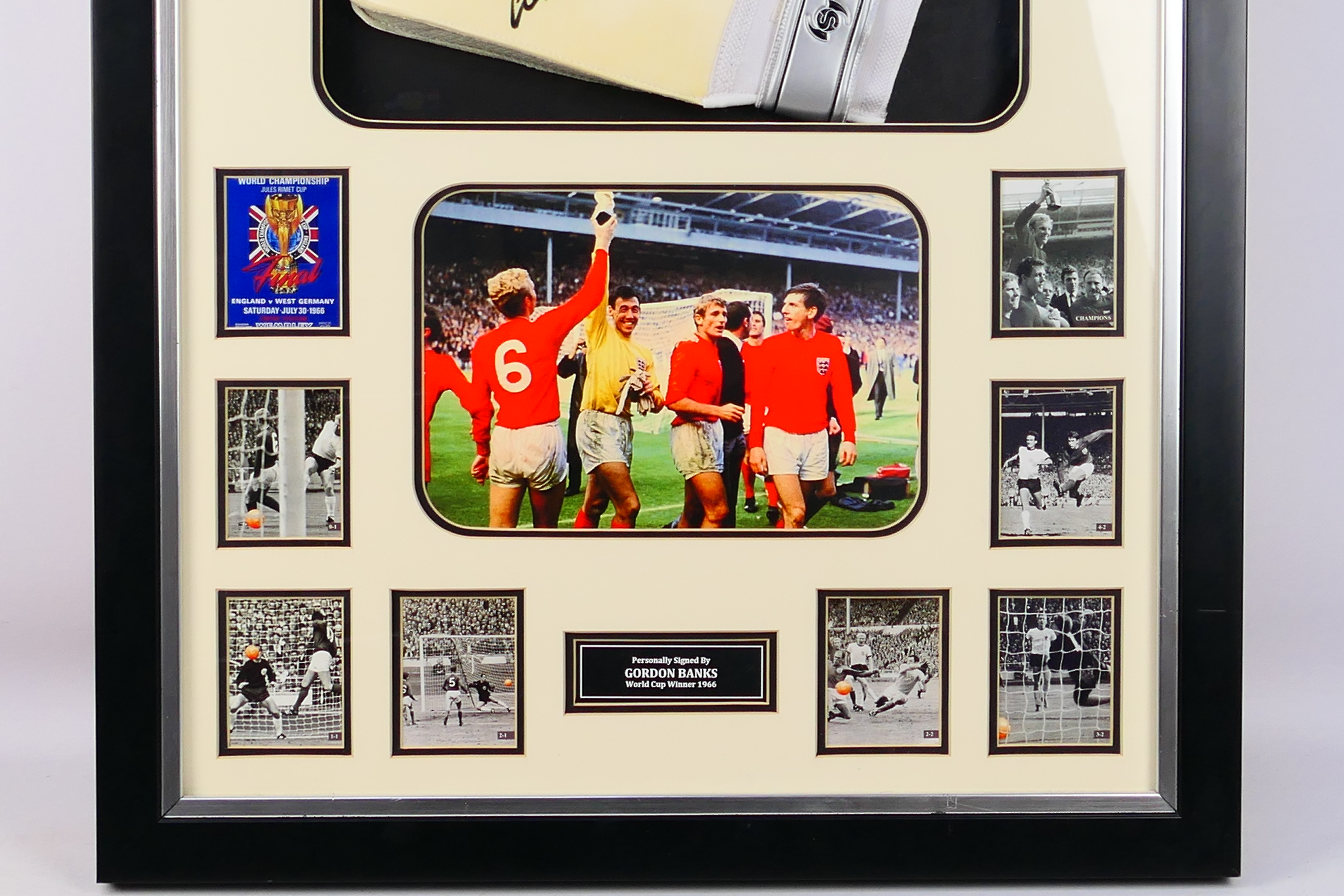 Gordon Banks - A framed display montage comprising a goalkeeper's glove signed by World Cup winner - Image 2 of 5