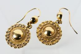 A pair of yellow metal drop earrings, unmarked but assessed as 18ct, approximately 5 grams.