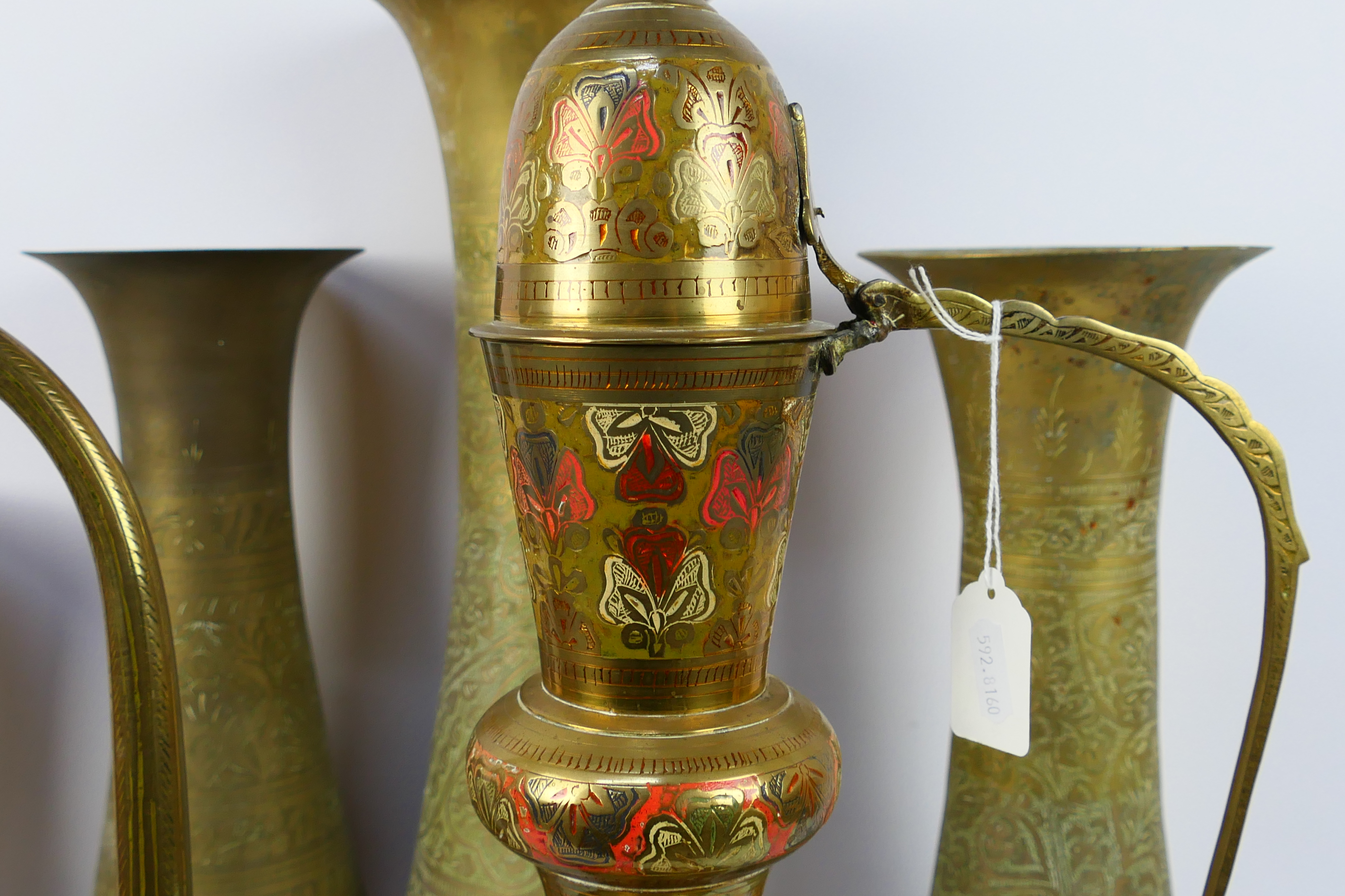 Lot to include four large brass vases with chased decoration, - Image 6 of 7