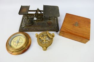 Lot to include a brass nautical sundial compass, contained in case,
