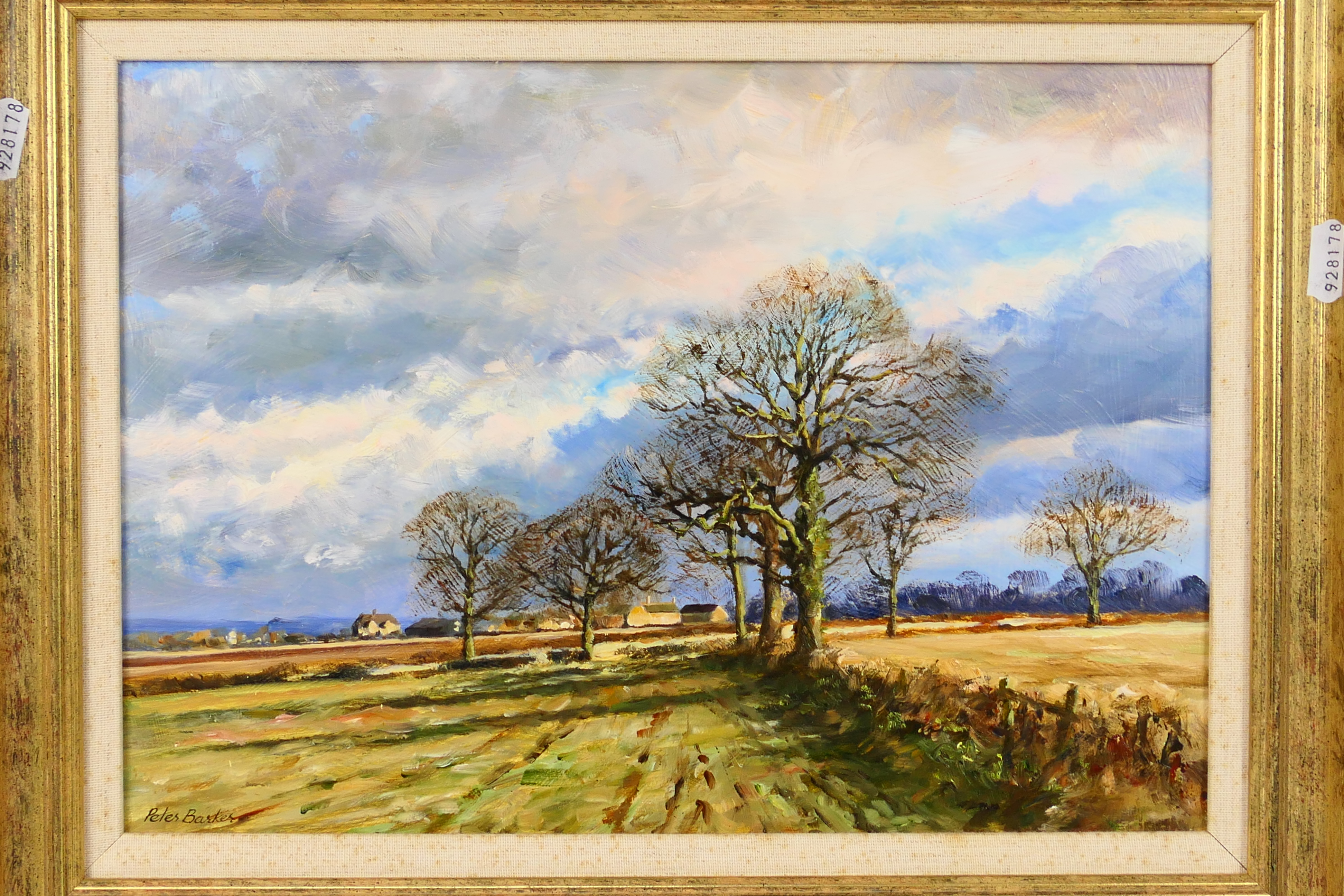 Peter Barker RSMA - A framed oil on board landscape scene, titled verso Blustery Day, - Image 2 of 5
