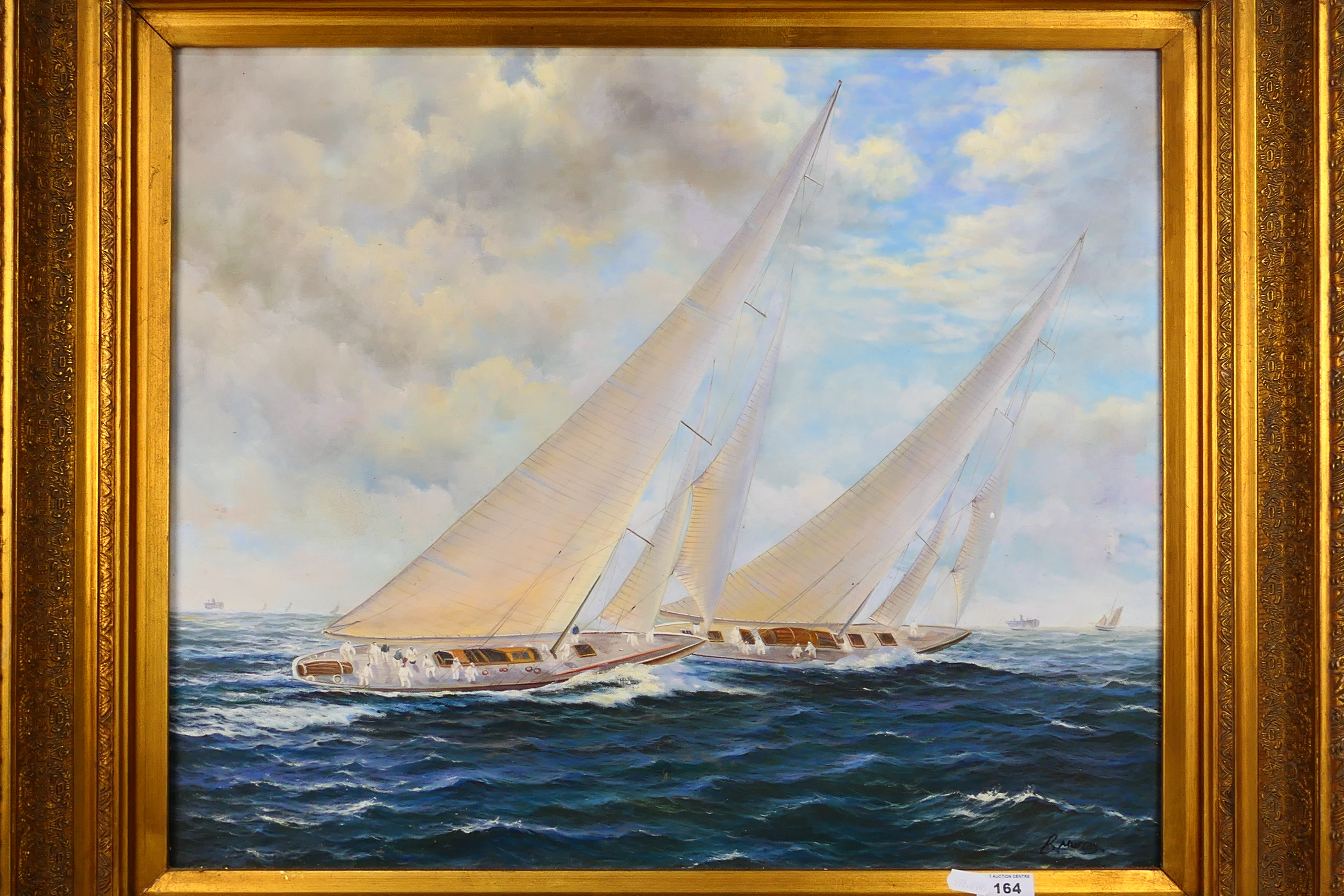 A 20th century oil on canvas seascape, depicting two racing yachts at sail, - Image 2 of 8