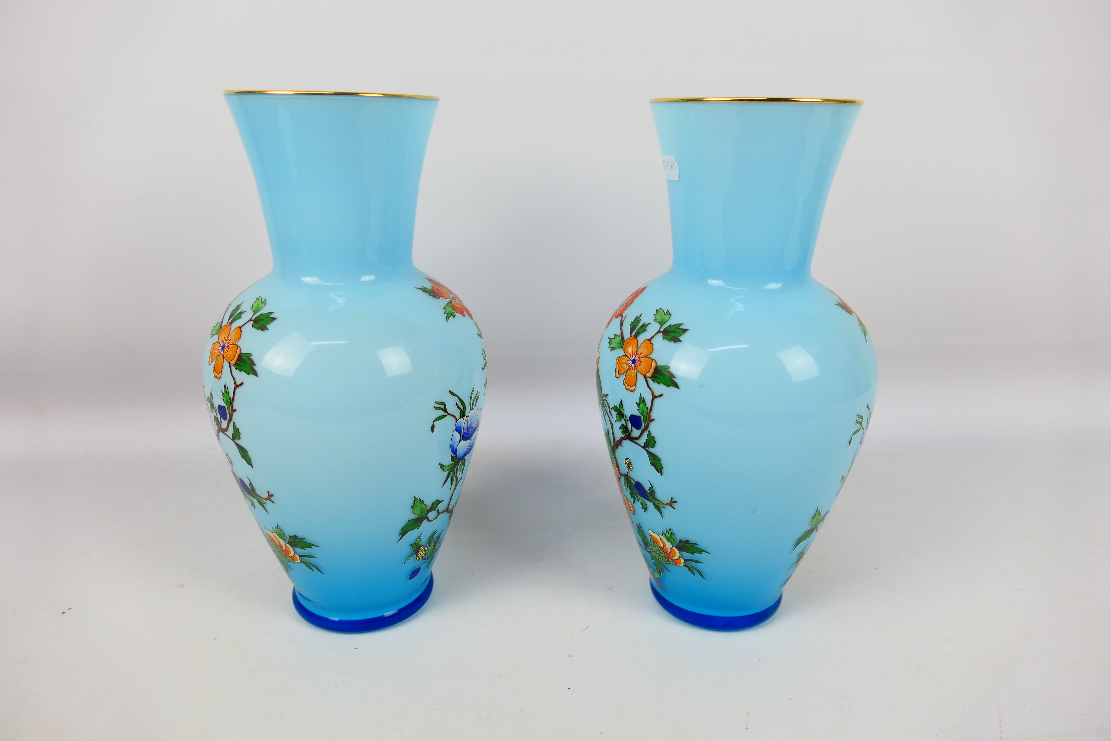 A pair of glass vases with floral decoration, approximately 28 cm (h). [2]. - Image 2 of 4