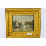 An ornately framed oil on board depicting boats on a river, 18 cm x 23 cm image size.