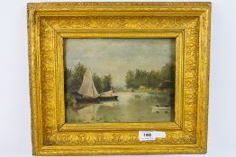 An ornately framed oil on board depicting boats on a river, 18 cm x 23 cm image size.