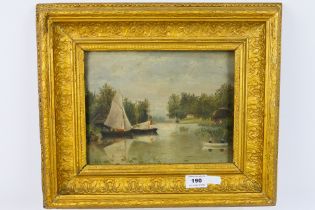 An ornately framed oil on board depicting boats on a river, 18 cm x 23 cm image size.