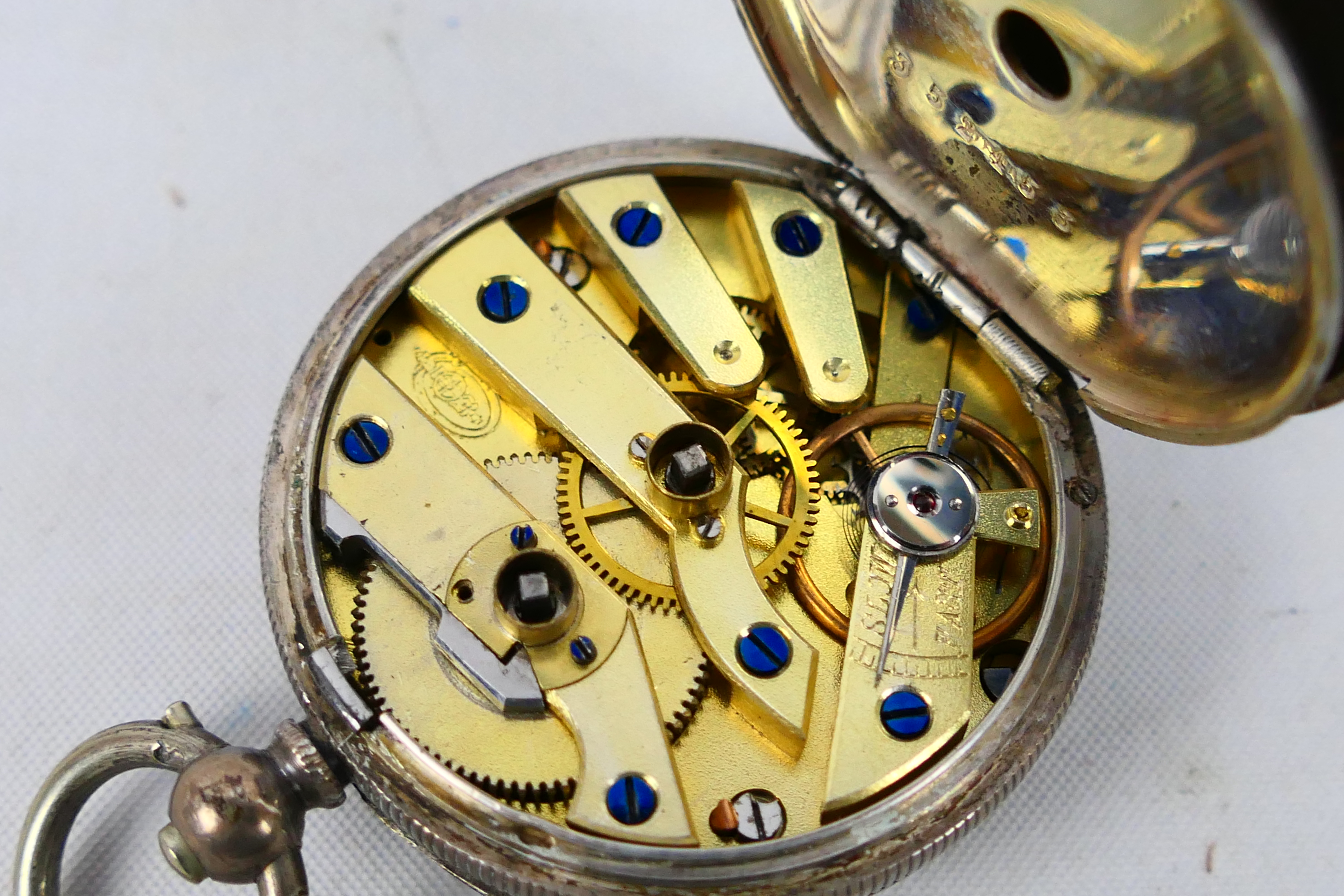 Two Swiss silver cased (one 935 fineness and one 800), open face pocket watches, - Image 8 of 10