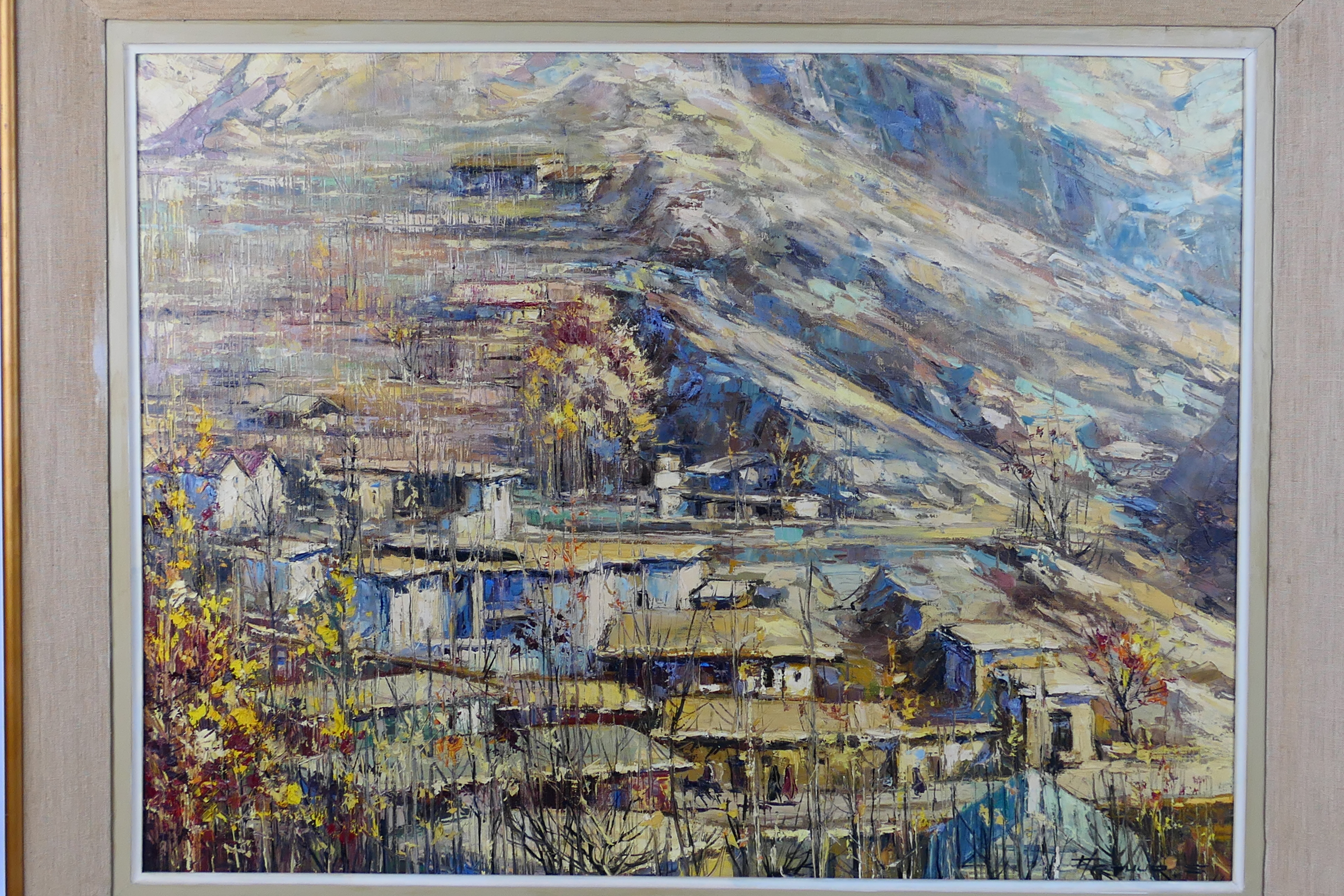 Persian School - An oil on canvas landscape scene depicting a village, signed lower right, framed, - Image 2 of 7