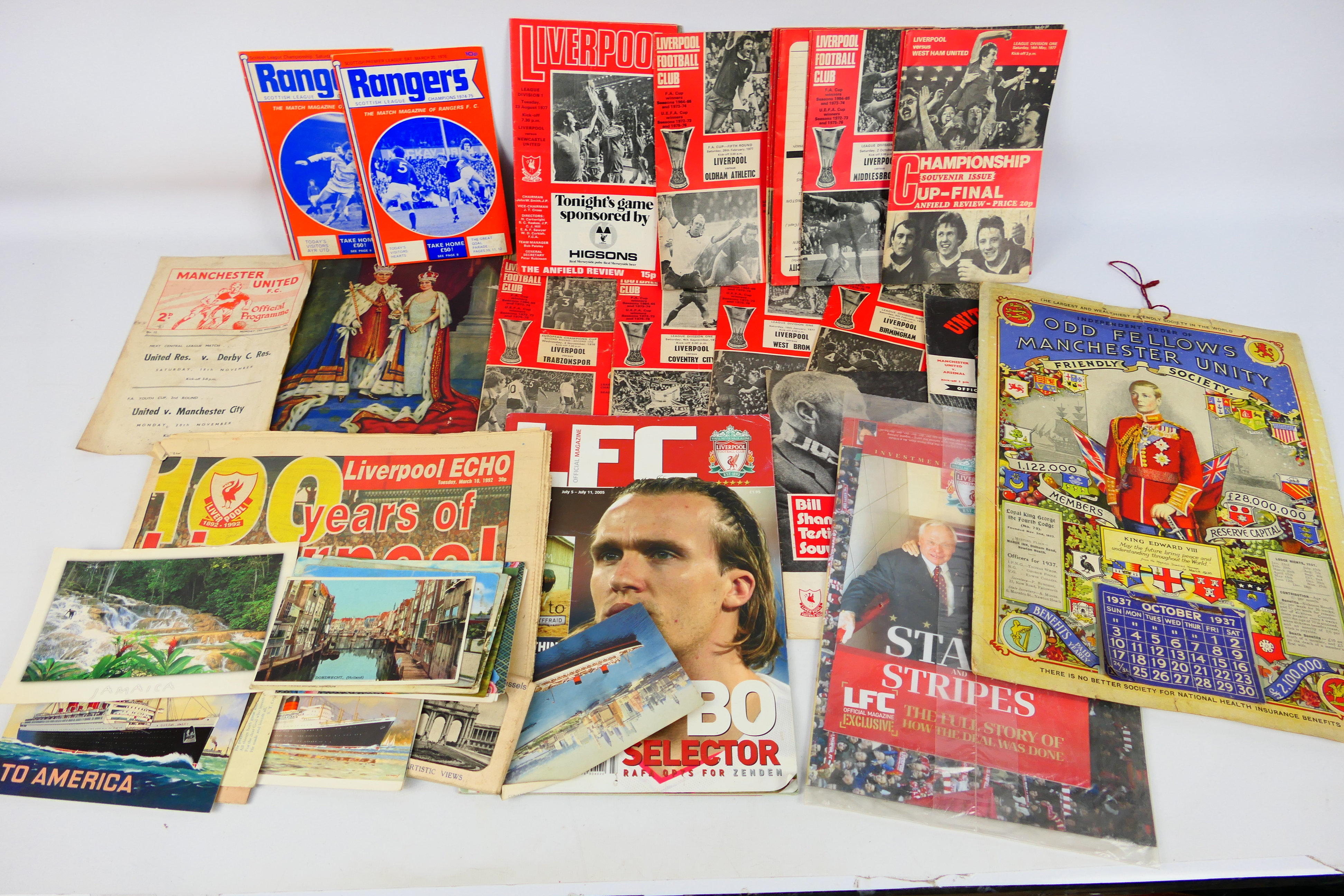 Lot comprising football programmes to include Liverpool and Manchester United, postcards,