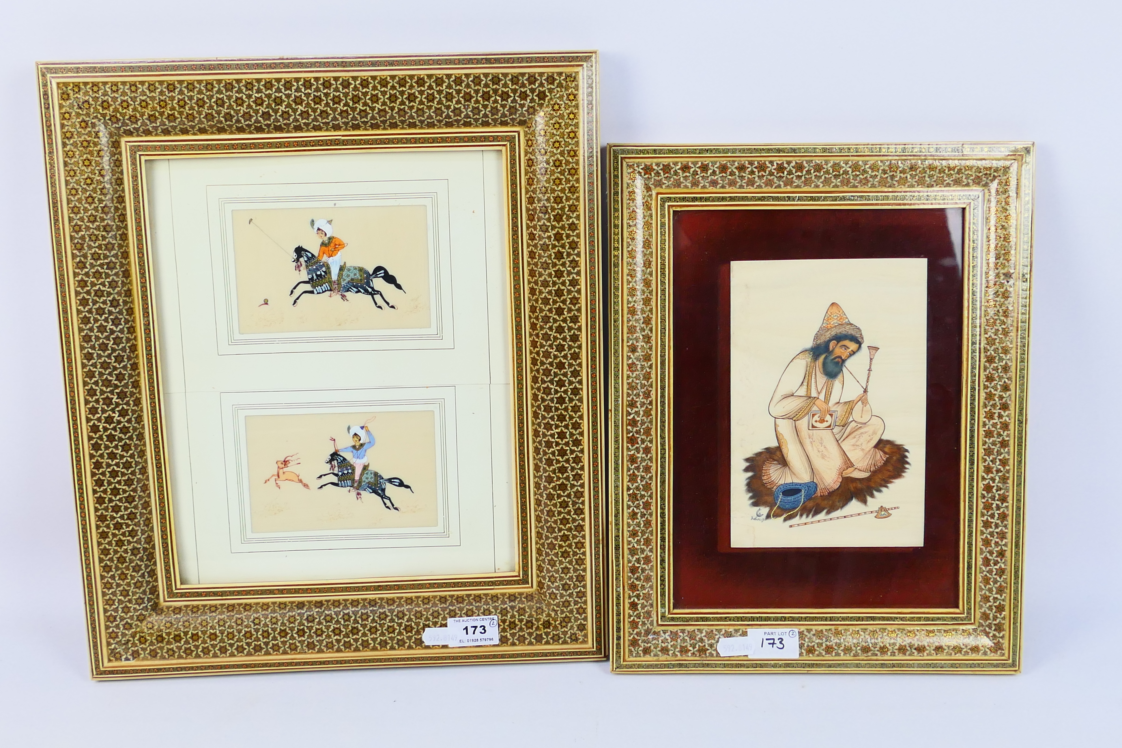 Persian miniature paintings on ivorine, the first depicting a kneeling dervish, signed,