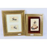 Persian miniature paintings on ivorine, the first depicting a kneeling dervish, signed,