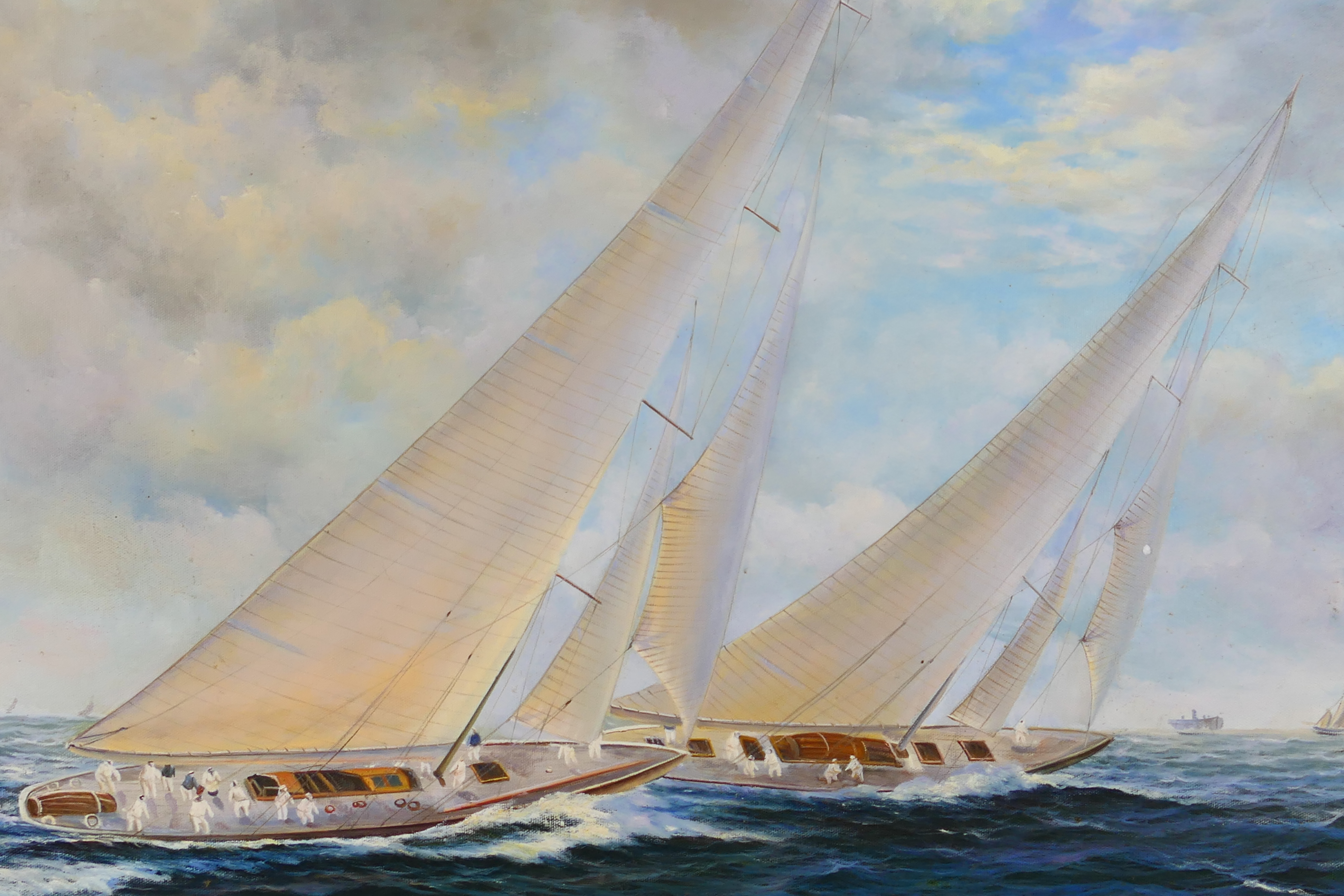 A 20th century oil on canvas seascape, depicting two racing yachts at sail, - Image 3 of 8