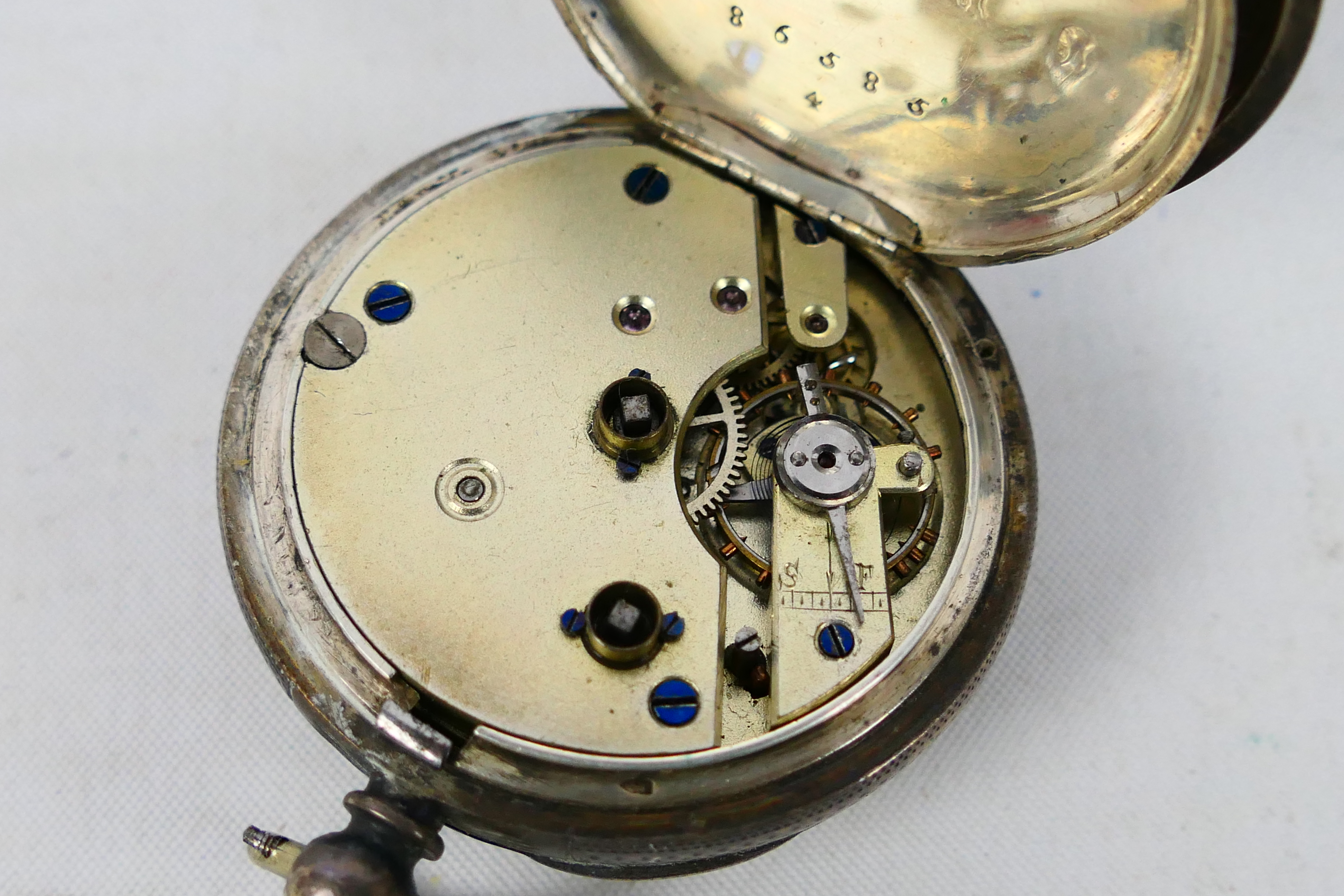 Two Swiss silver cased (one 935 fineness and one 800), open face pocket watches, - Image 4 of 10