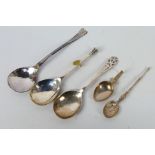 A collection of silver spoons to include a replica 1620 Leicester spoon,
