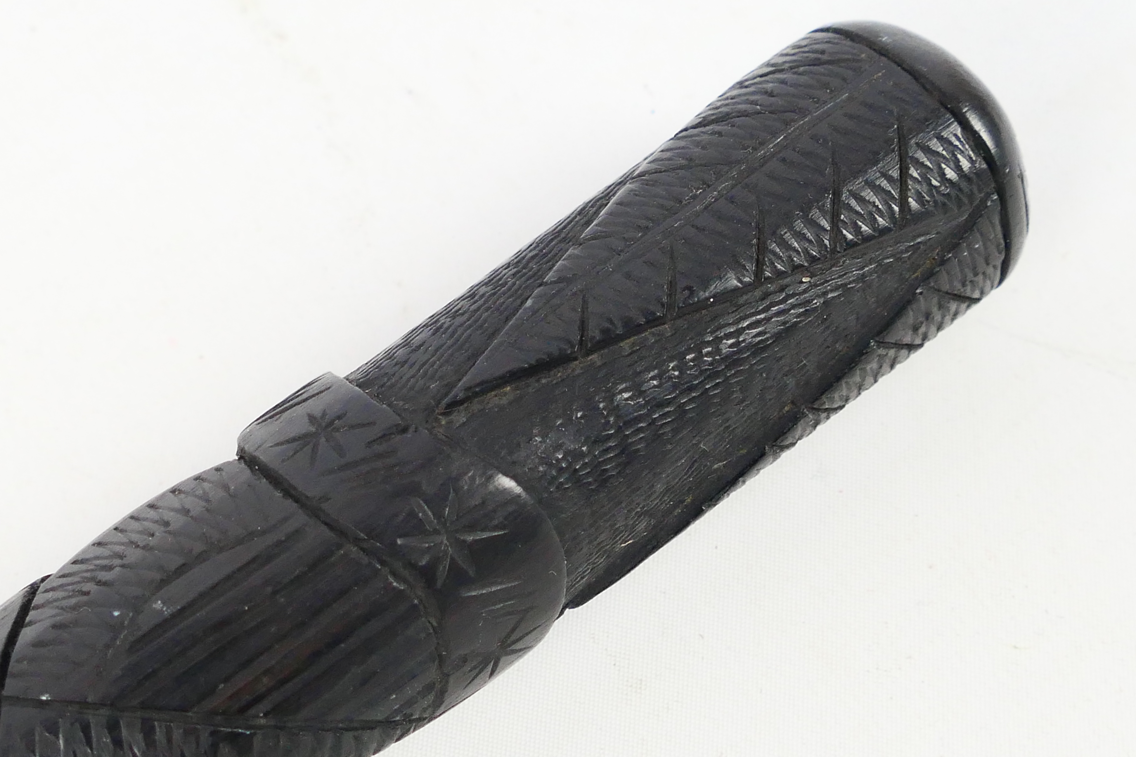 An Irish bog oak truncheon, carved with harp and shamrocks, approximately 24 cm (l). - Image 5 of 8