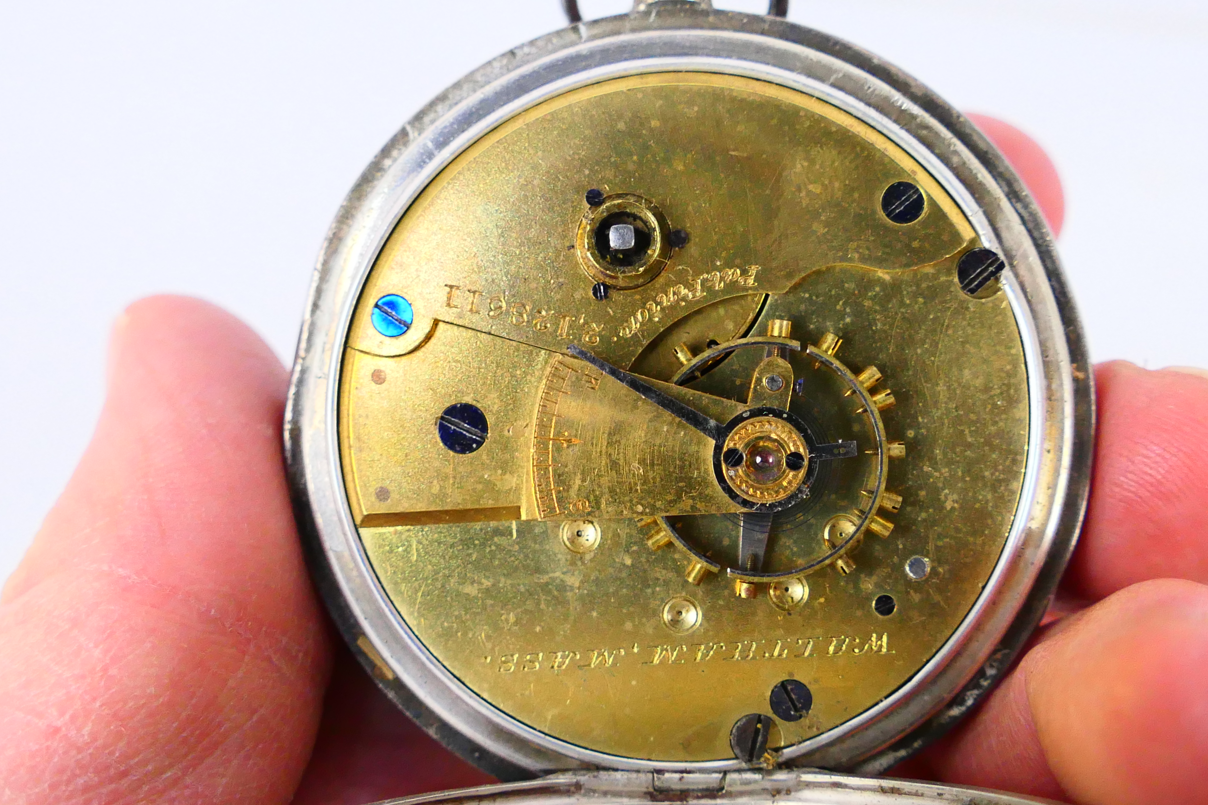 A Victorian silver cased, open face, pocket watch, the case of Birmingham assay 1883, - Image 9 of 9