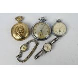 A collection or wrist watches and pocket watches.