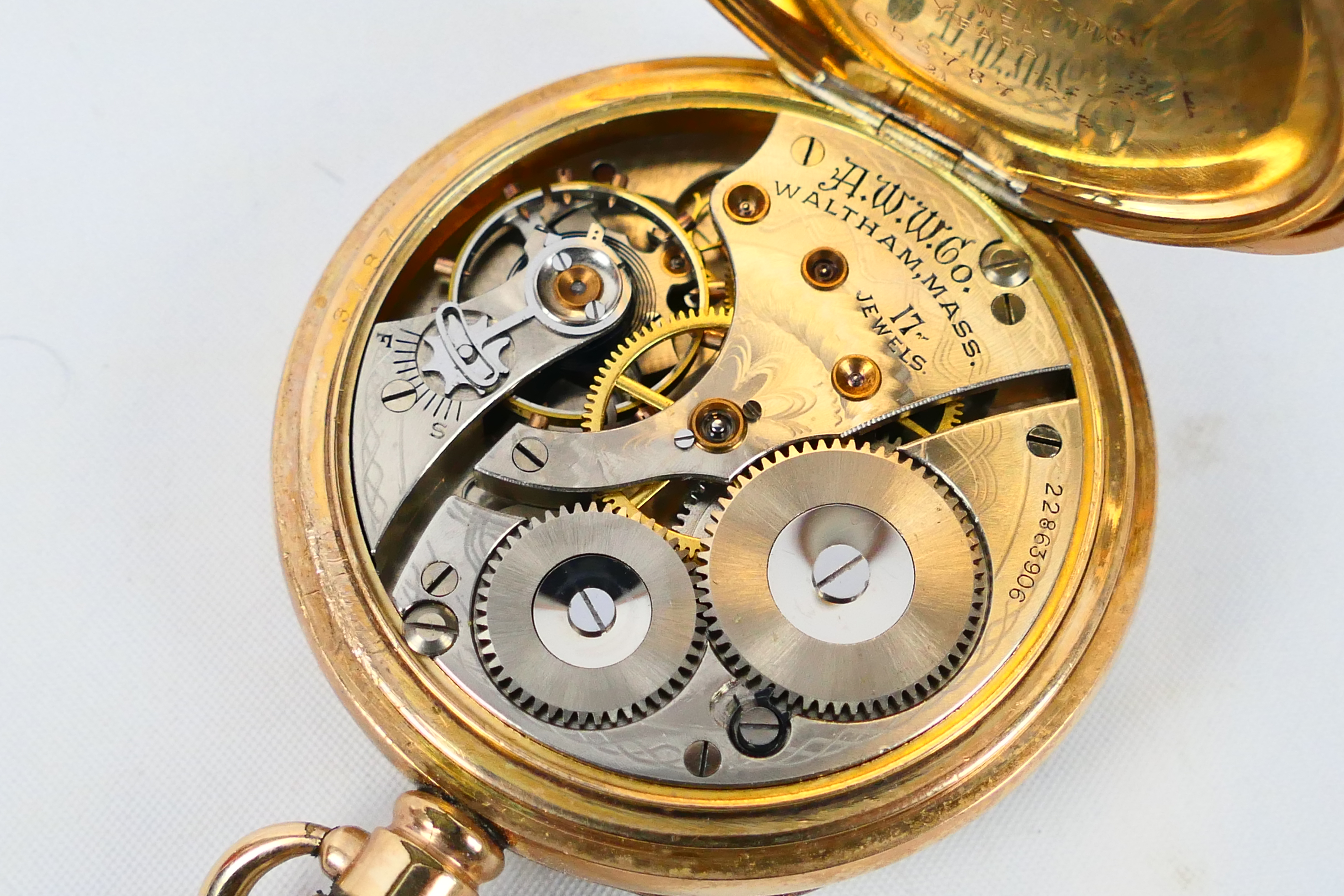 A gold plated open face pocket watch, white enamel dial with Arabic numerals, - Image 5 of 7