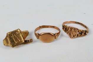 9ct Gold - Three 9ct gold rings, all with cut shanks, approximately 6.2 grams.