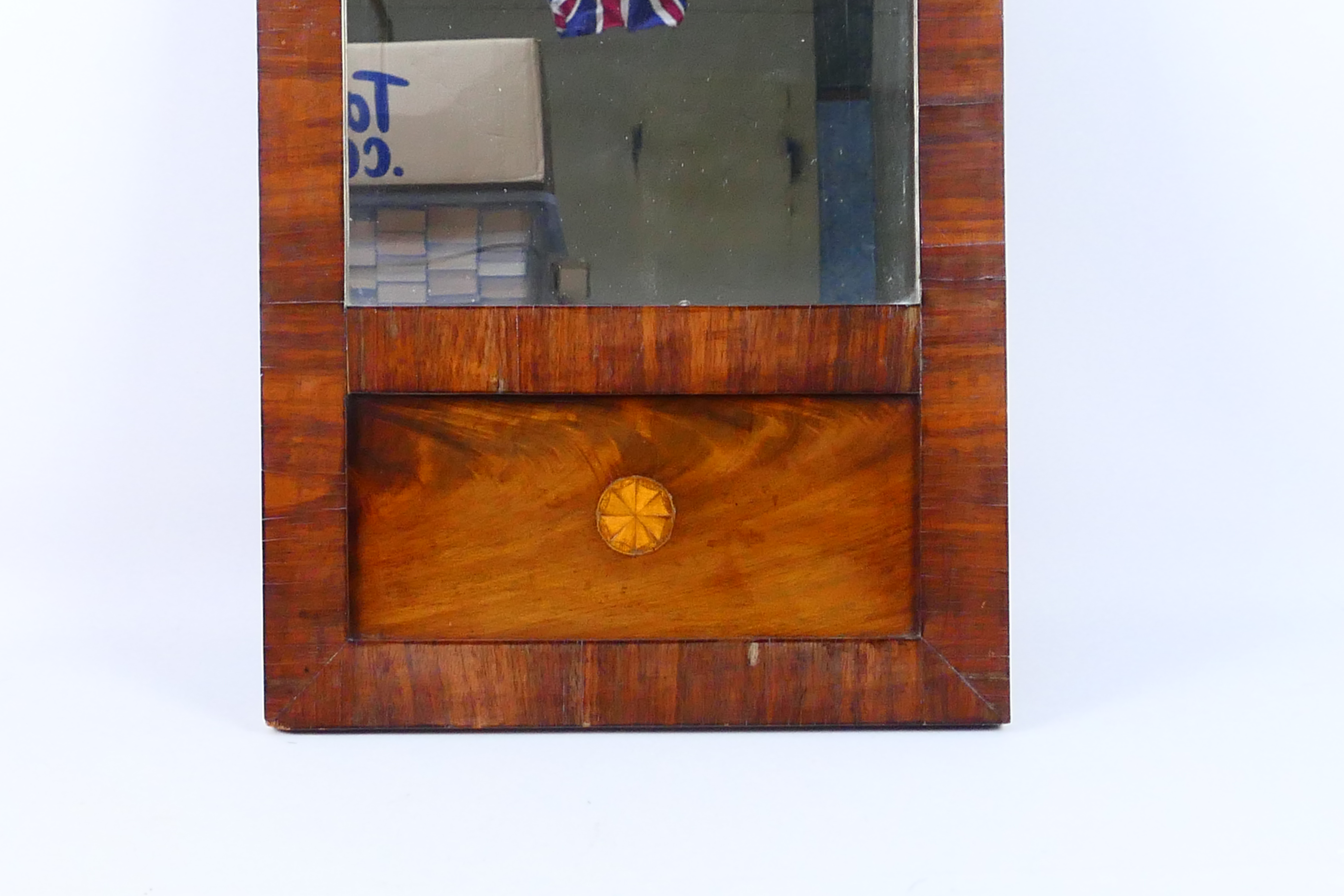 An Edwardian mahogany framed wall mirror with inlaid decoration, approximately 68 cm x 39 cm. - Image 2 of 4