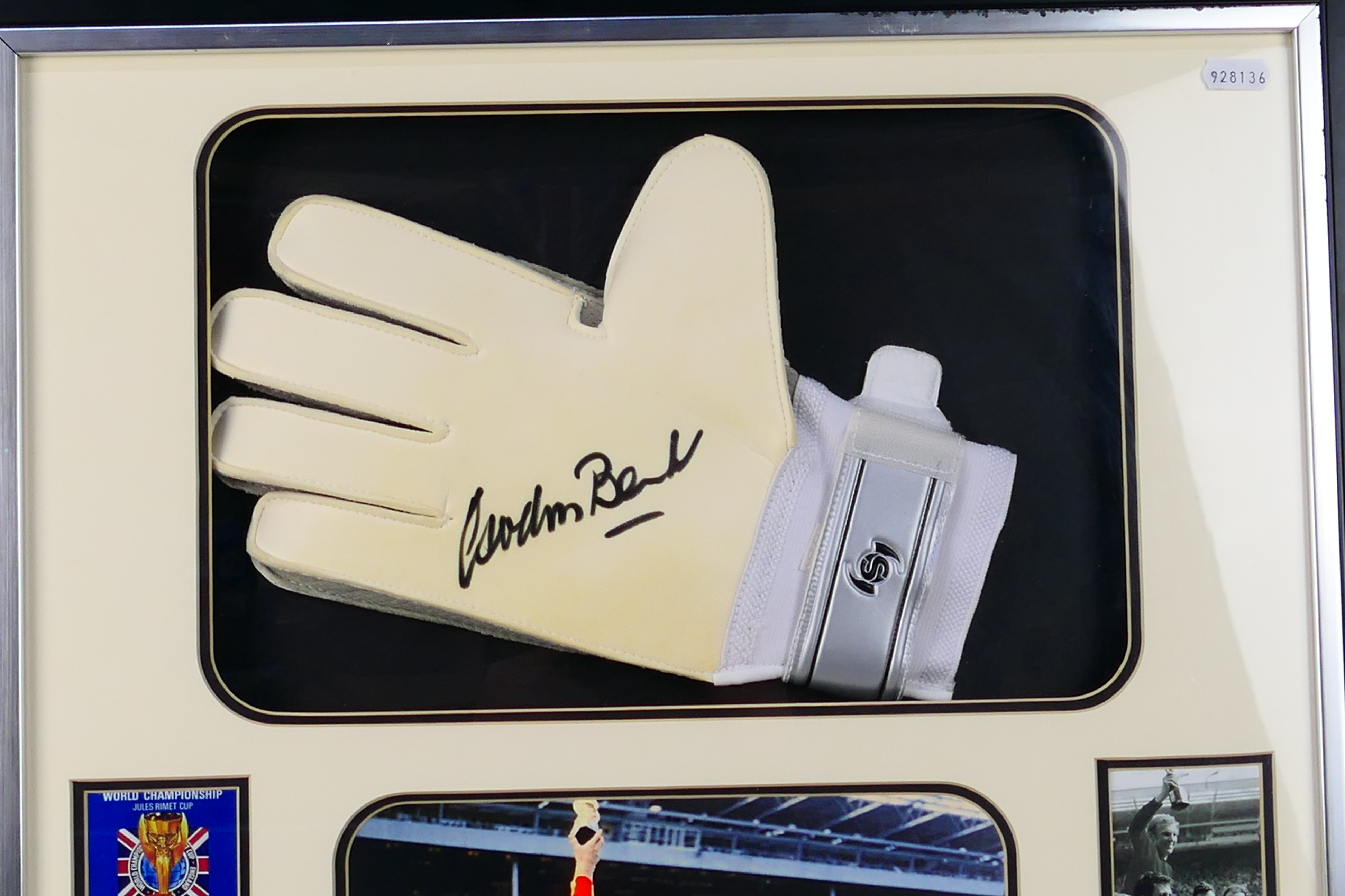 Gordon Banks - A framed display montage comprising a goalkeeper's glove signed by World Cup winner - Image 3 of 5