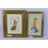 A pair of Persian miniature paintings on ivorine, each depicting a pair of figures,