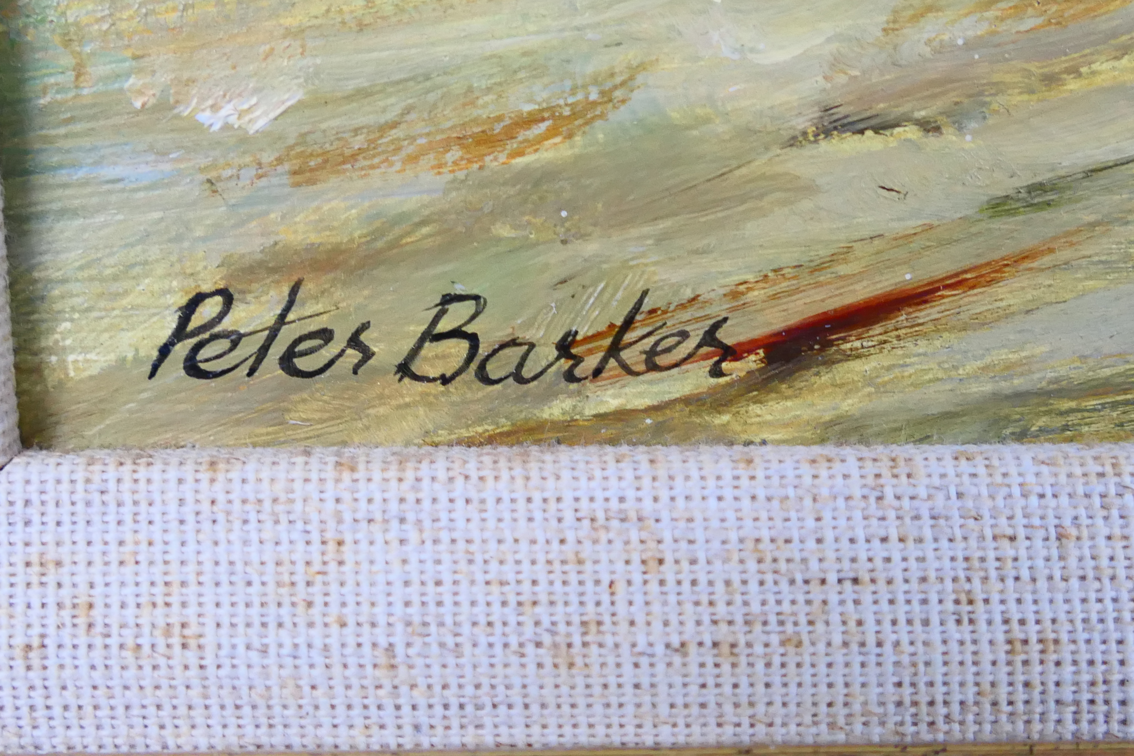 Peter Barker RSMA - A framed oil on board landscape scene, titled verso Blustery Day, - Image 3 of 5