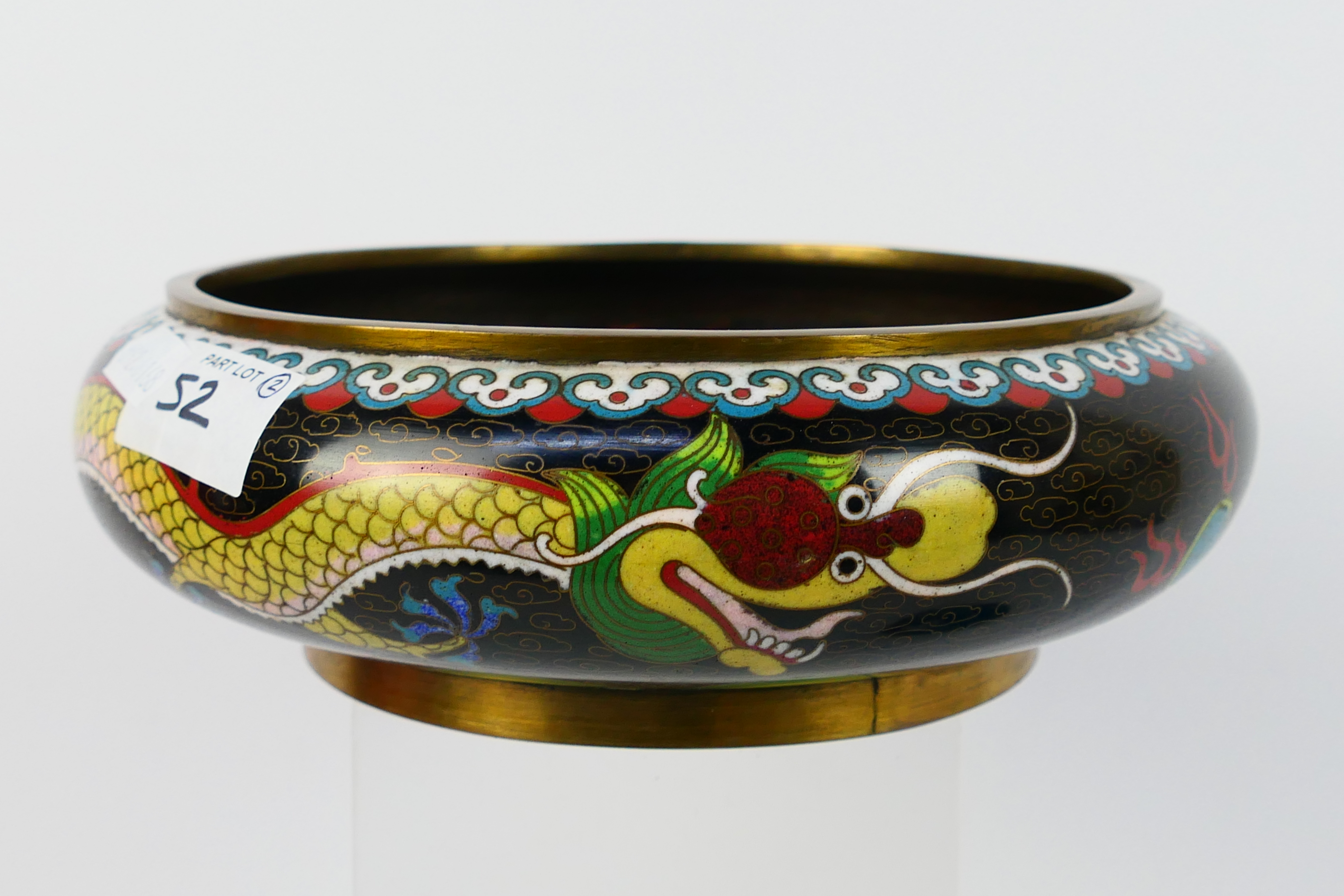 A Chinese cloisonne bowl, the exterior with confronting dragons and flaming pearl, - Image 4 of 13