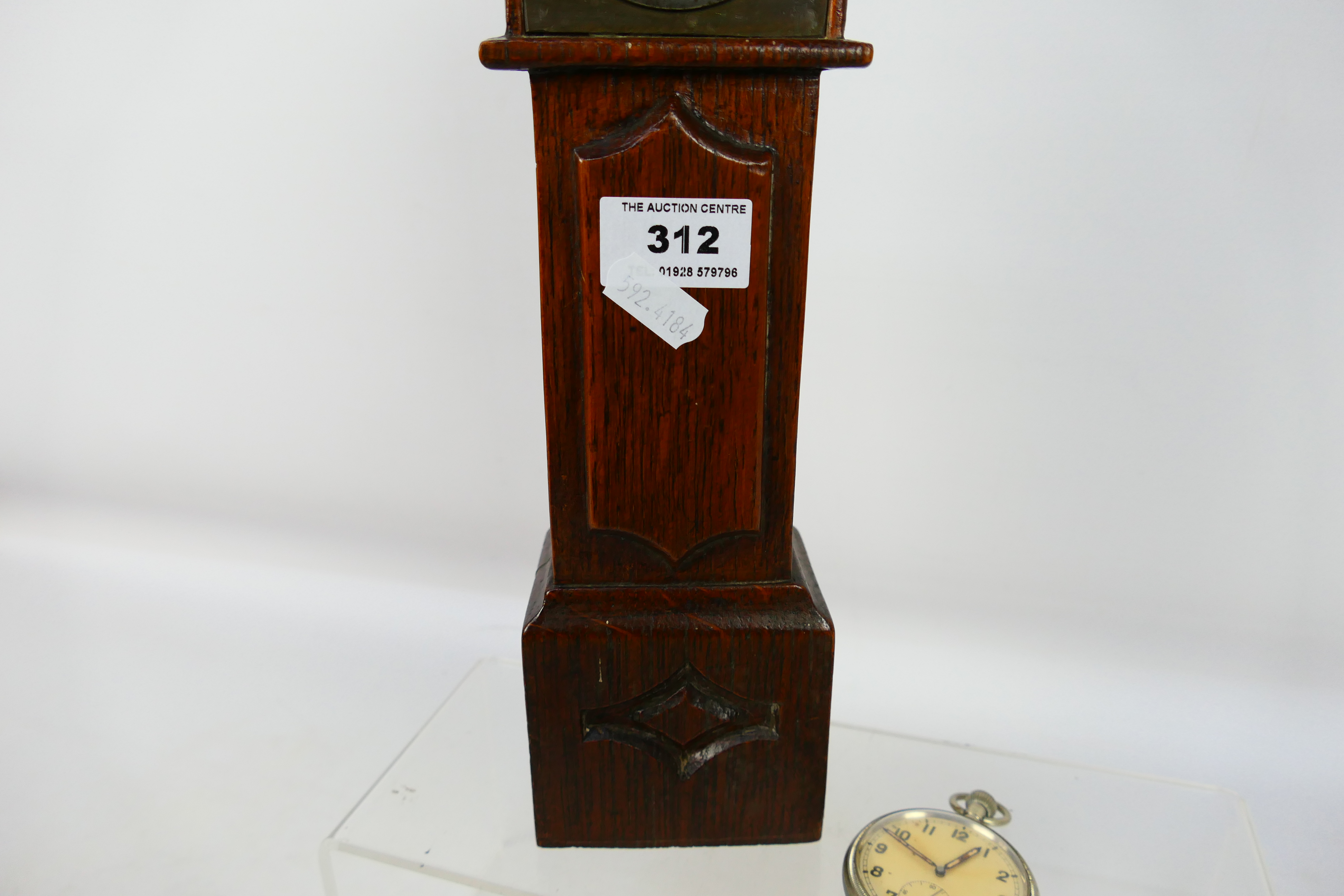 A vintage mantel or desk clock in the form of a longcase clock, - Image 3 of 6
