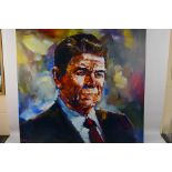 A large canvas print portrait after Steve Penley depicting Ronald Reagan,